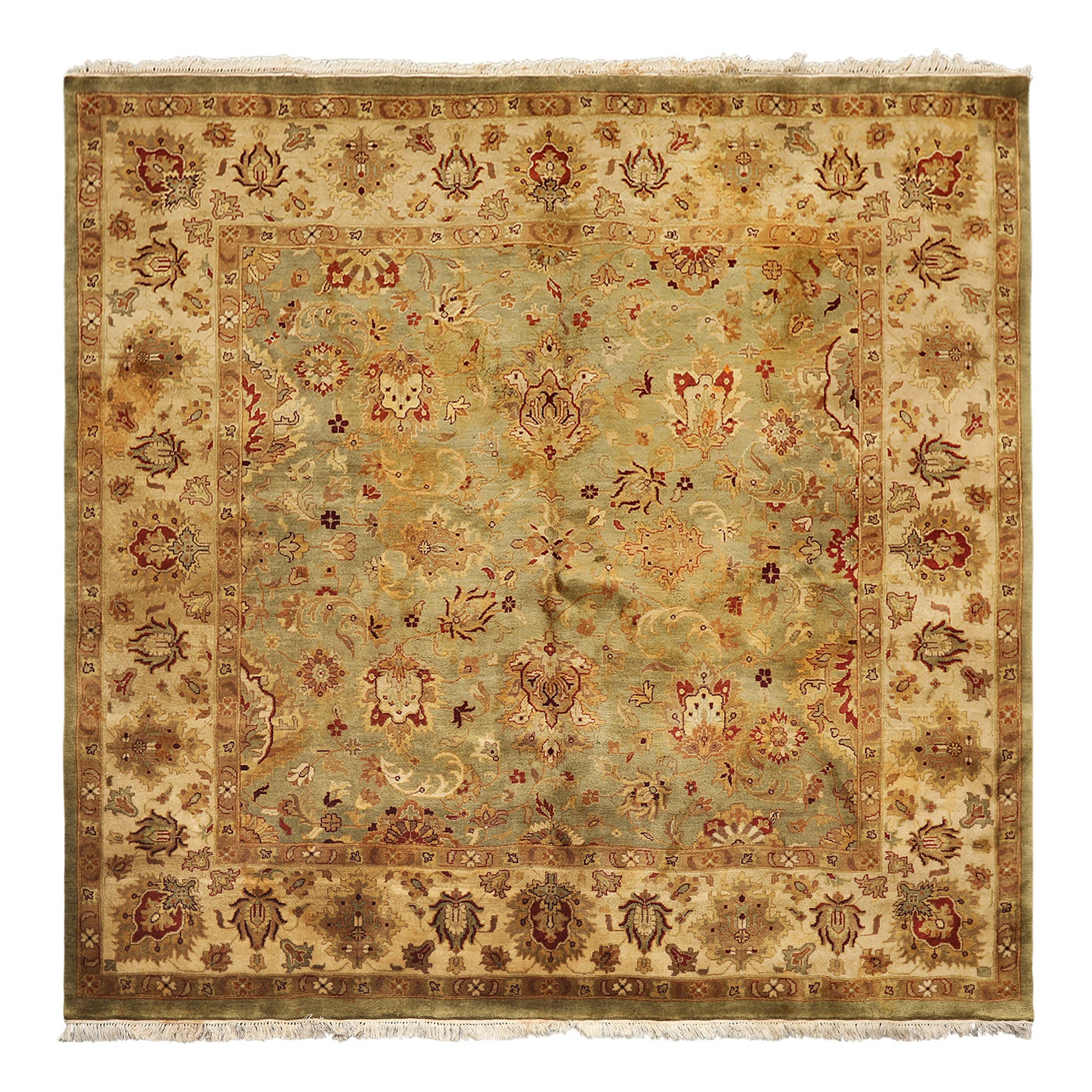 8' Square Pistachio, Beige, Rust Color Hand Knotted Agra New Zealand Wool Traditional Oriental Rug