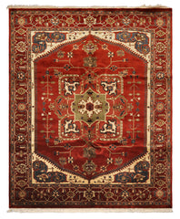 8x10 Rust, Maroon, Ivory Color Hand Knotted Indo Heriz Wool Traditional Oriental Rug