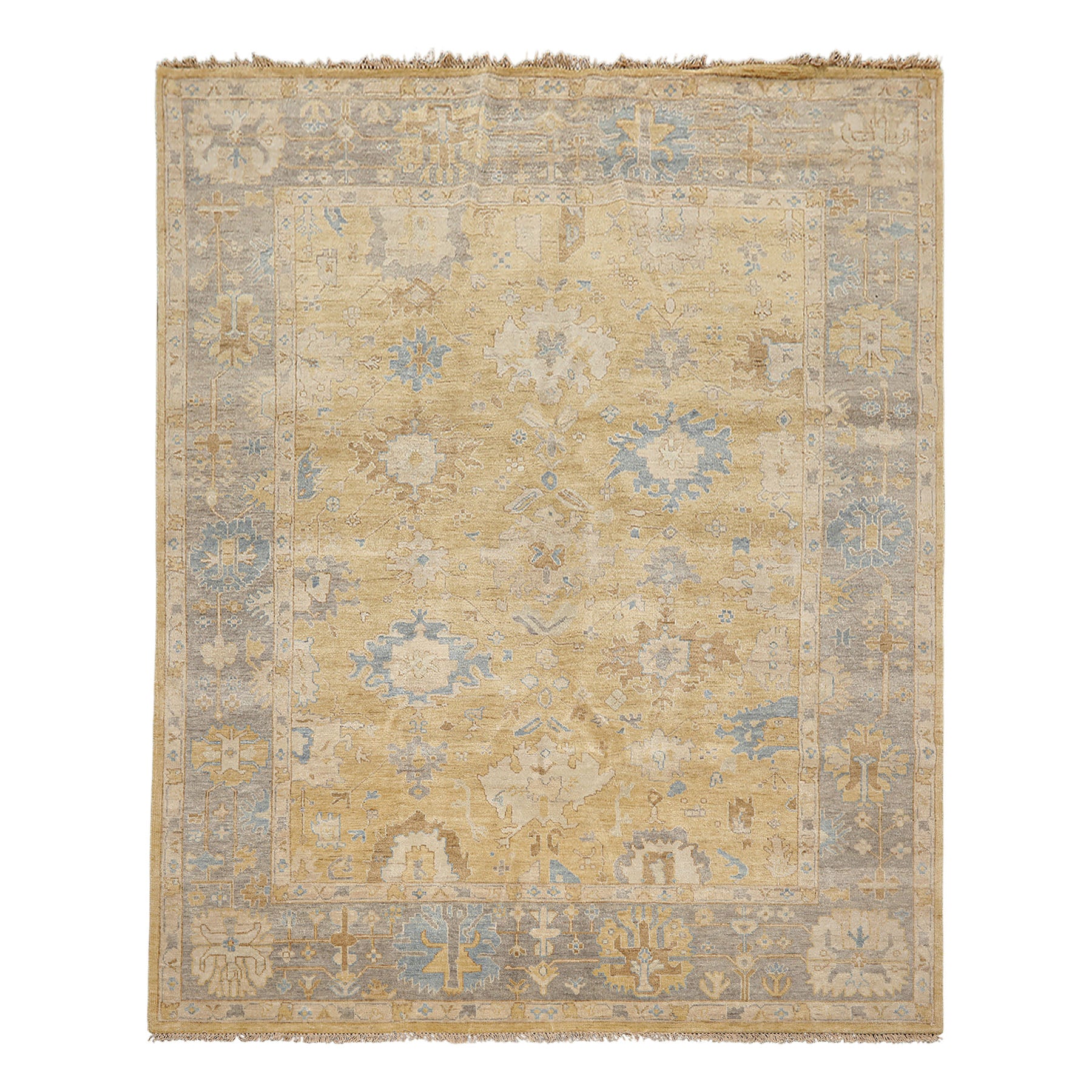 8x10 Light Gold, Gray, Aqua Color Hand Knotted Oushak Wool Traditional Oriental Rug