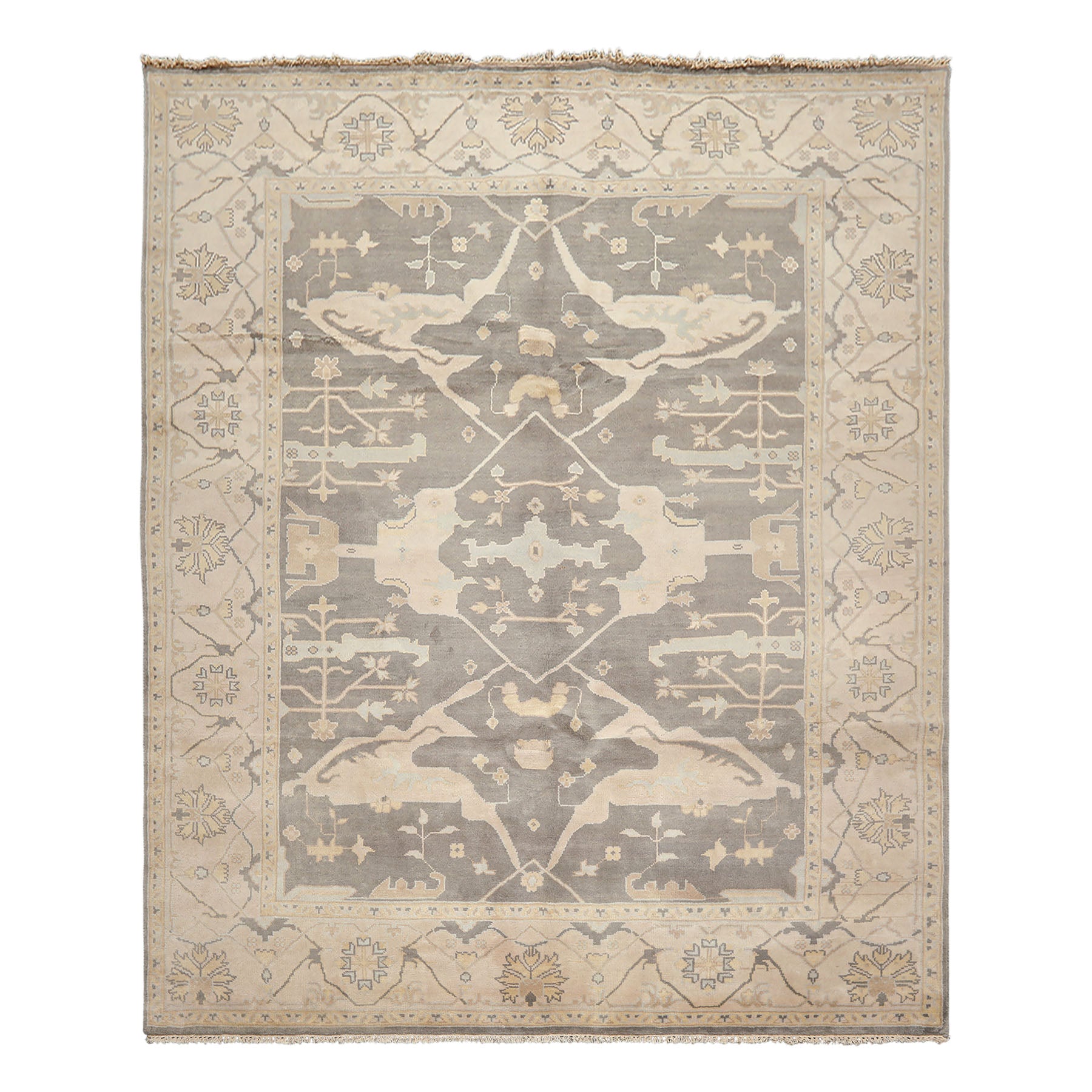 8x10 Gray, Ivory, Light Gold Color Hand Knotted Oushak Wool Traditional Oriental Rug