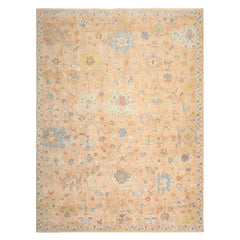 9x12 Blush, Aqua, Gold Color Hand Knotted Oushak Wool Traditional Oriental Rug