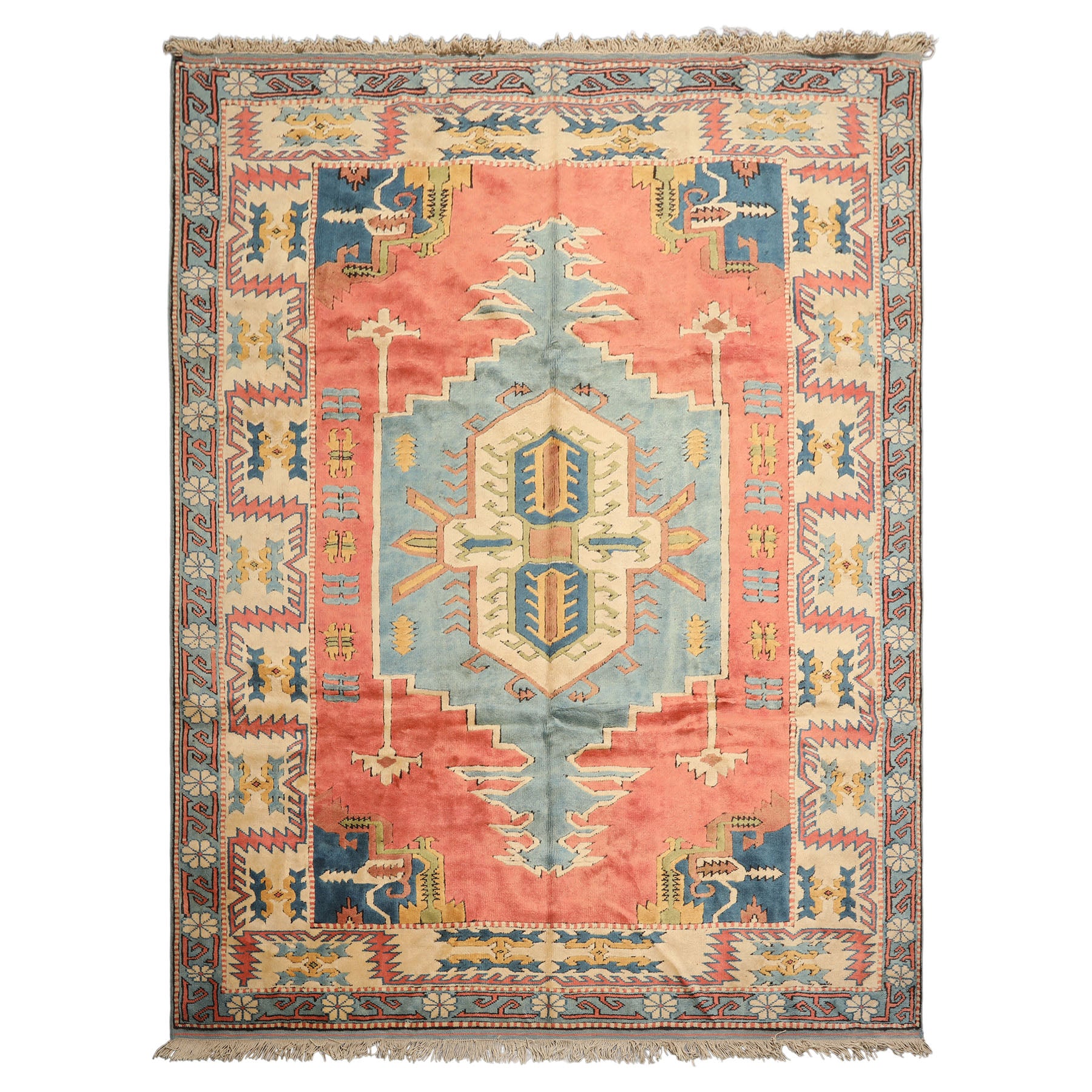 7x9 Rose, Aqua, Ivory Color Hand Knotted Turkish Sultanhan Wool Traditional Oriental Rug