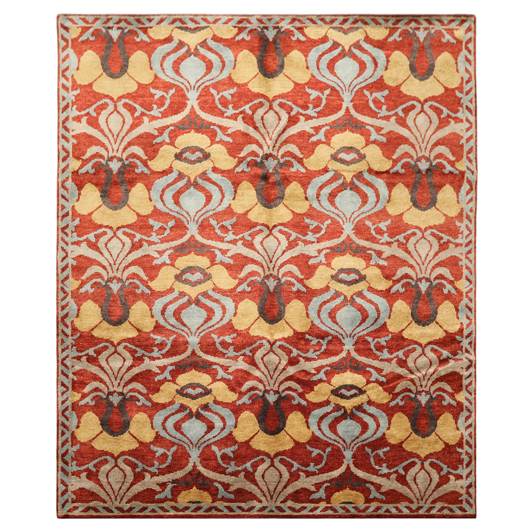 8x10 Burnt Orange, Aqua, Gray Color Hand Knotted Tibetan Wool Traditional Oriental Rug