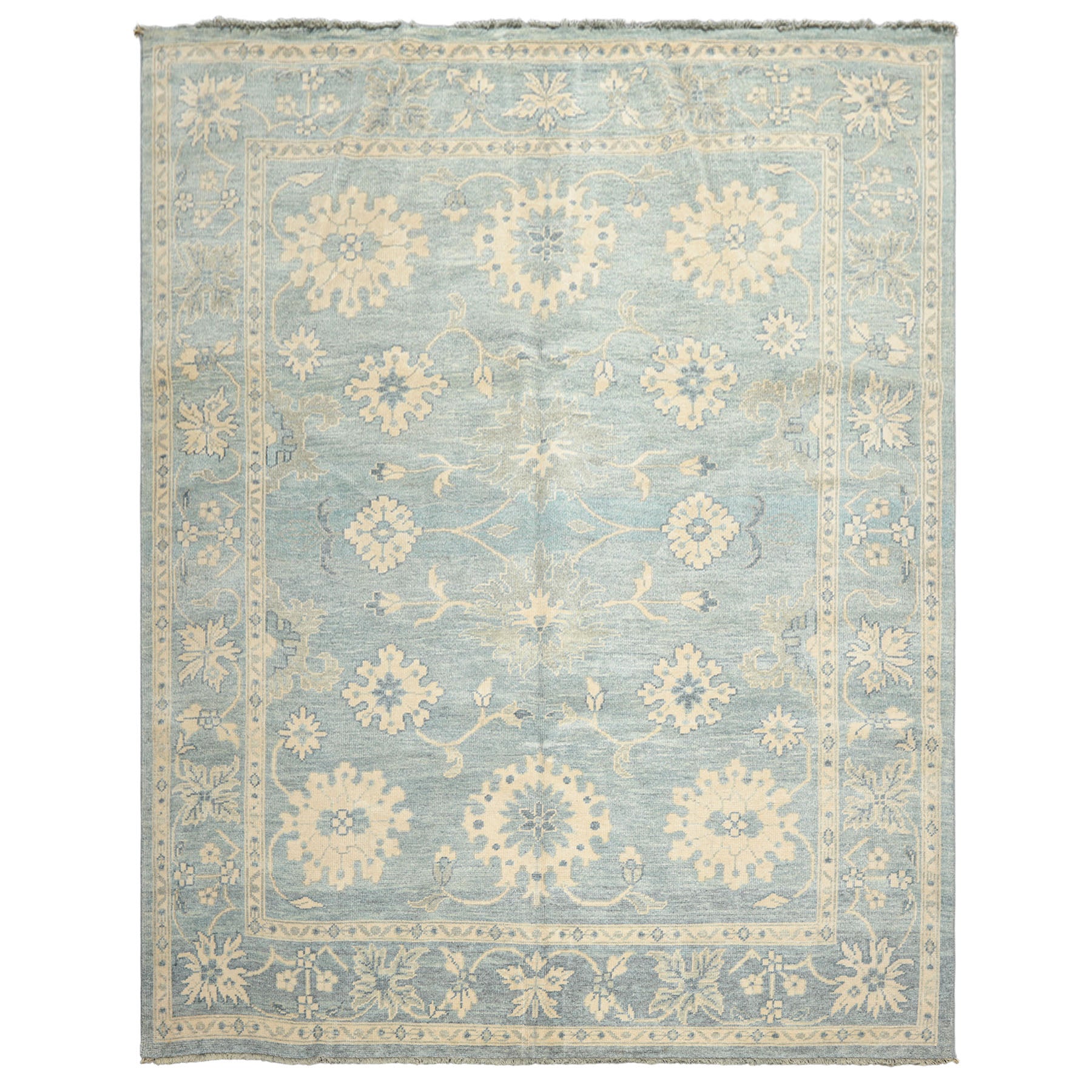 8x10 Aqua, Ivory, Celadon Color Hand Knotted Oushak Wool Traditional Oriental Rug