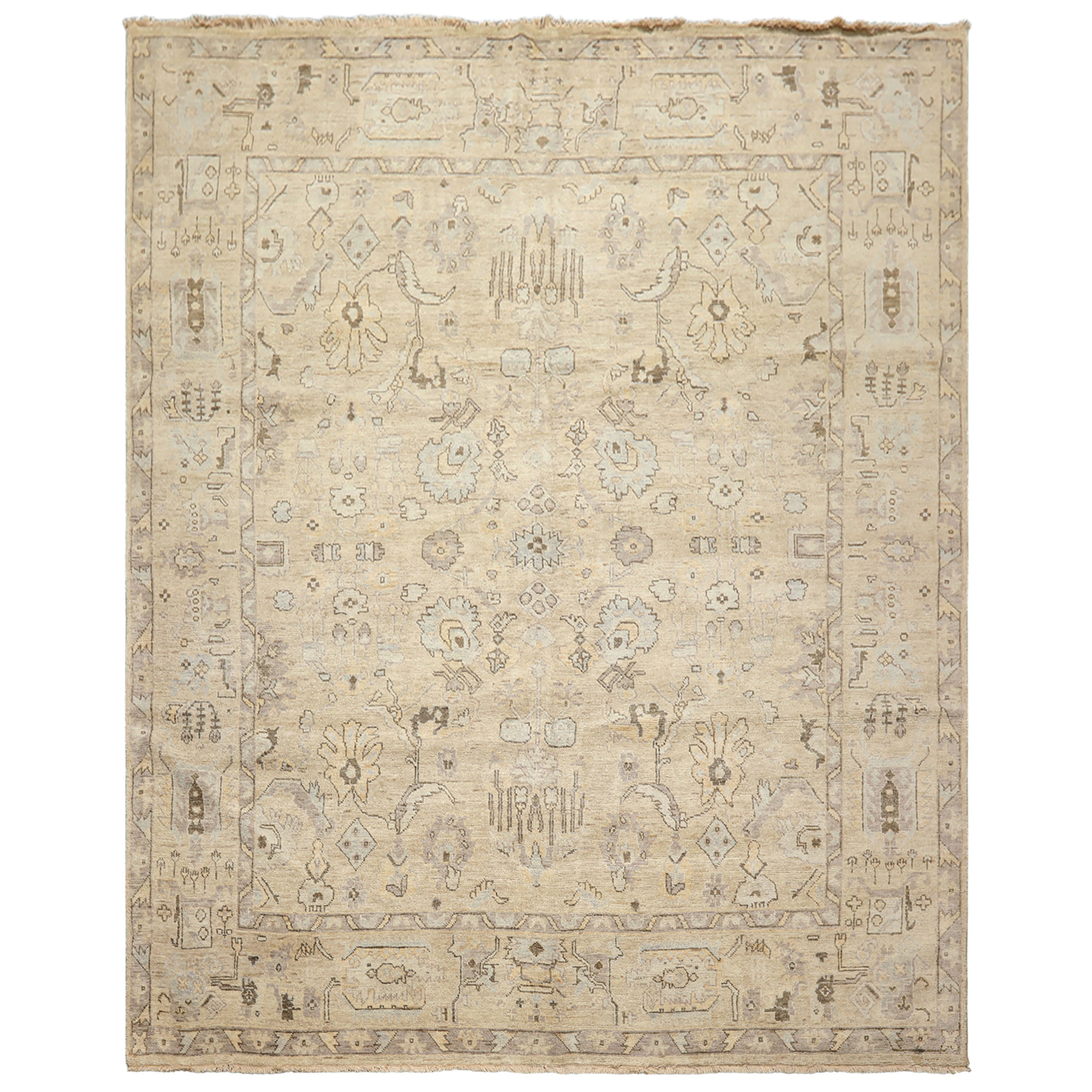 8x10 Beige, Gray, Taupe Color Hand Knotted Oushak Wool Transitional Oriental Rug