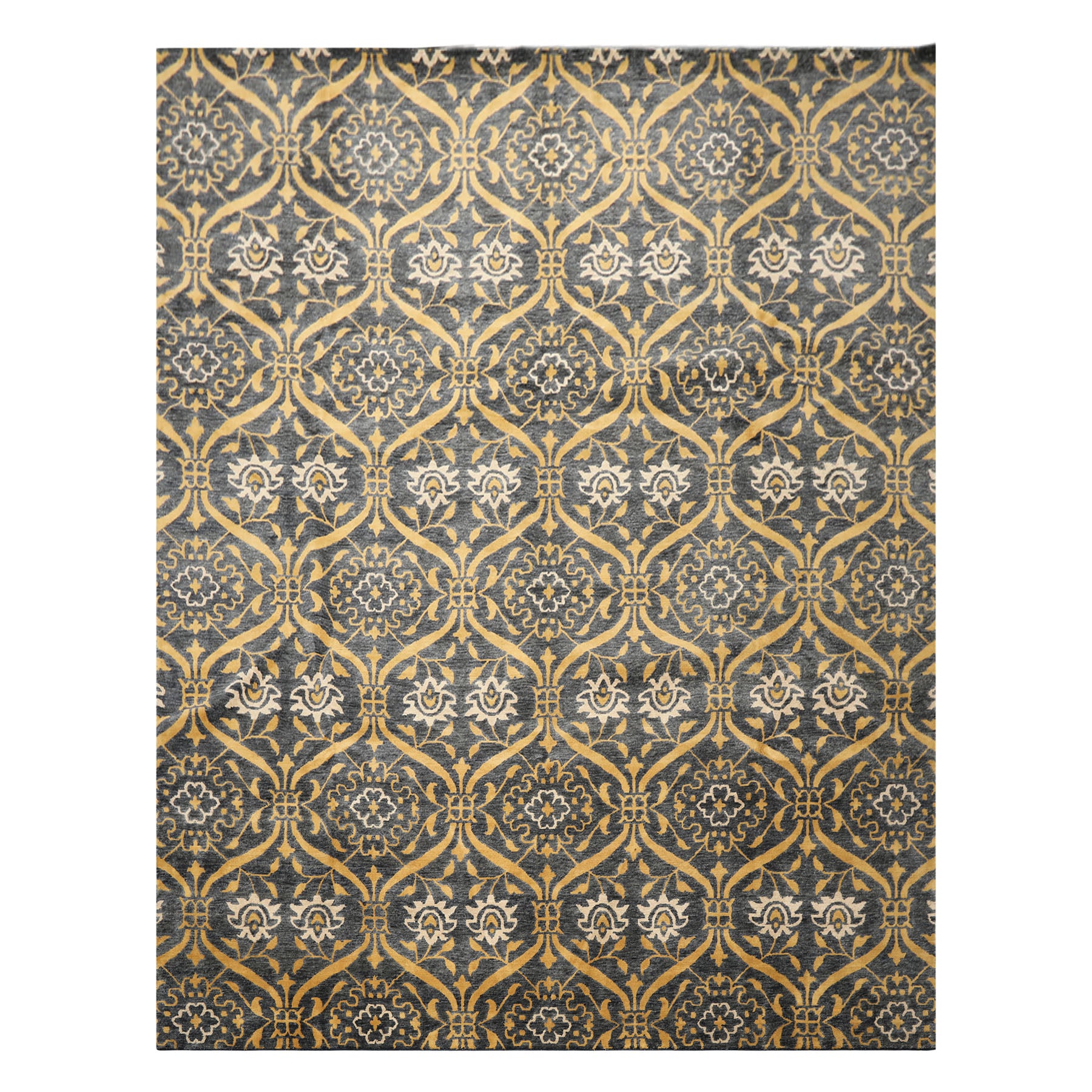 Multi Size Slate Blue Gold Color Hand Knotted Tibetan Wool Traditional Oriental Rug