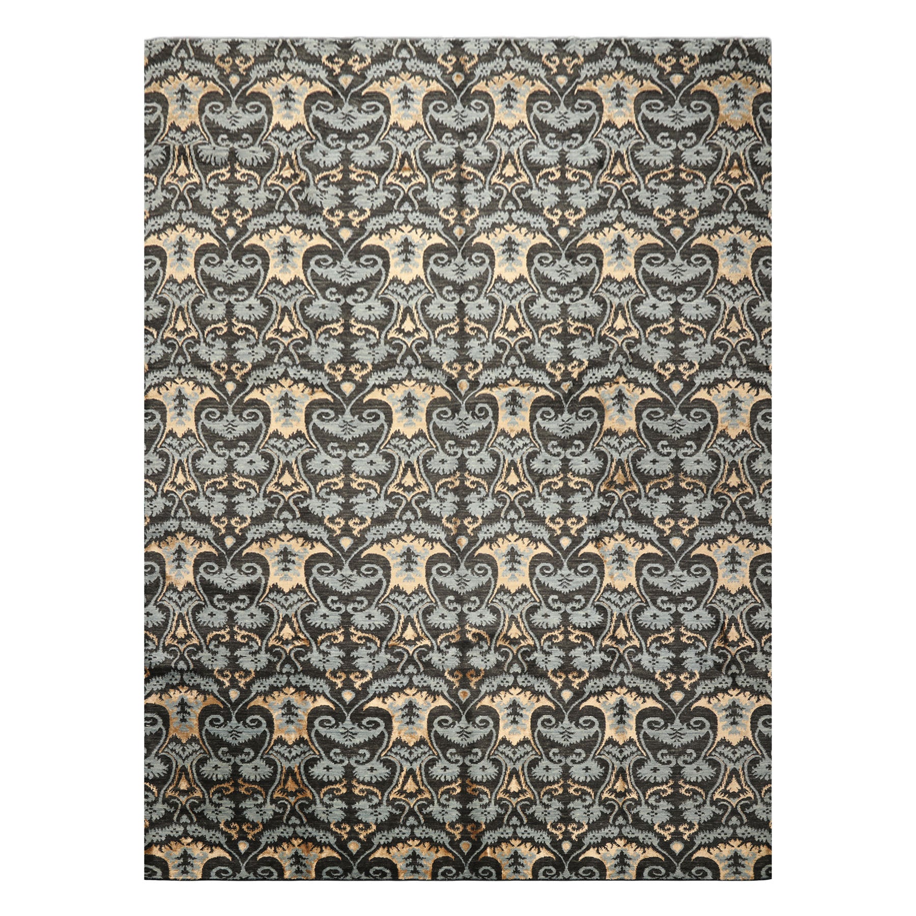 9x12 Charcoal, Blue, Caramel Color Hand Loomed Tibetan Wool & Bamboo Silk Transitional Oriental Rug