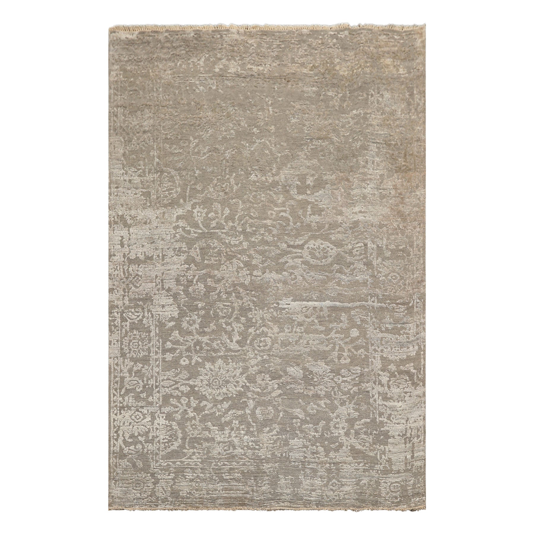 6x9 Tone on Tone Gray, , Color Hand Knotted Oushak Wool & Bamboo Silk Transitional Oriental Rug
