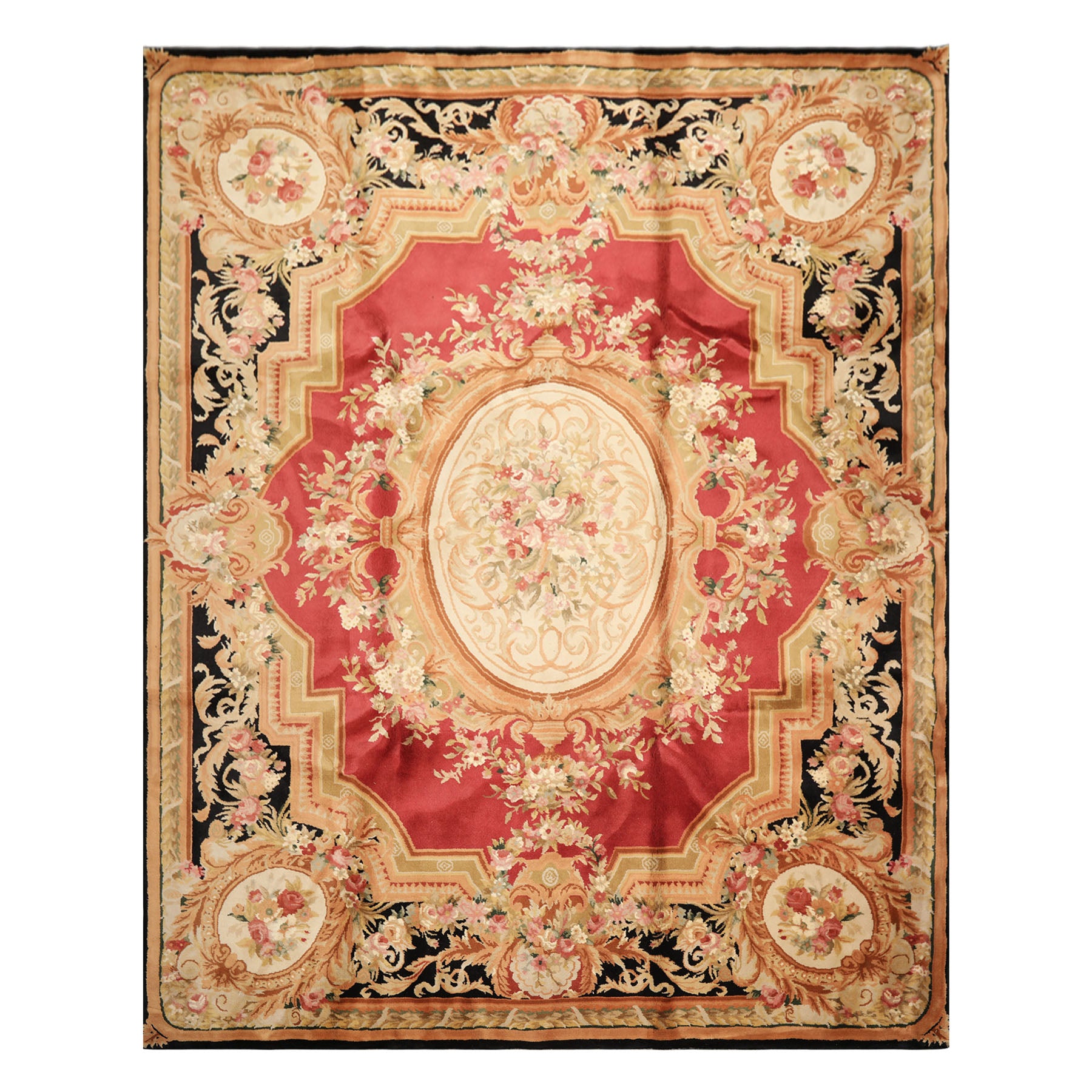 8x10 Rose, Black, Gold Color Hand Knotted French Aubusson Savonnerie Wool Traditional Oriental Rug