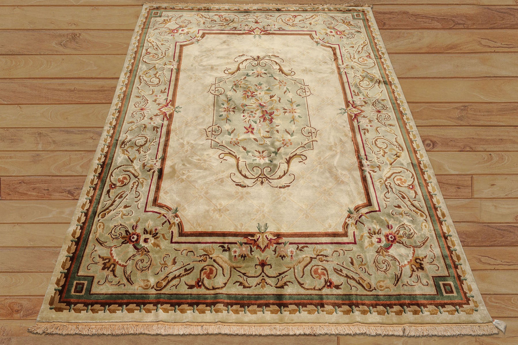 9x12 Ivory, Tan, Mint Color Hand Knotted French Aubusson Savonnerie Wool Traditional Oriental Rug