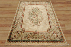 9x12 Ivory, Tan, Mint Color Hand Knotted French Aubusson Savonnerie Wool Traditional Oriental Rug