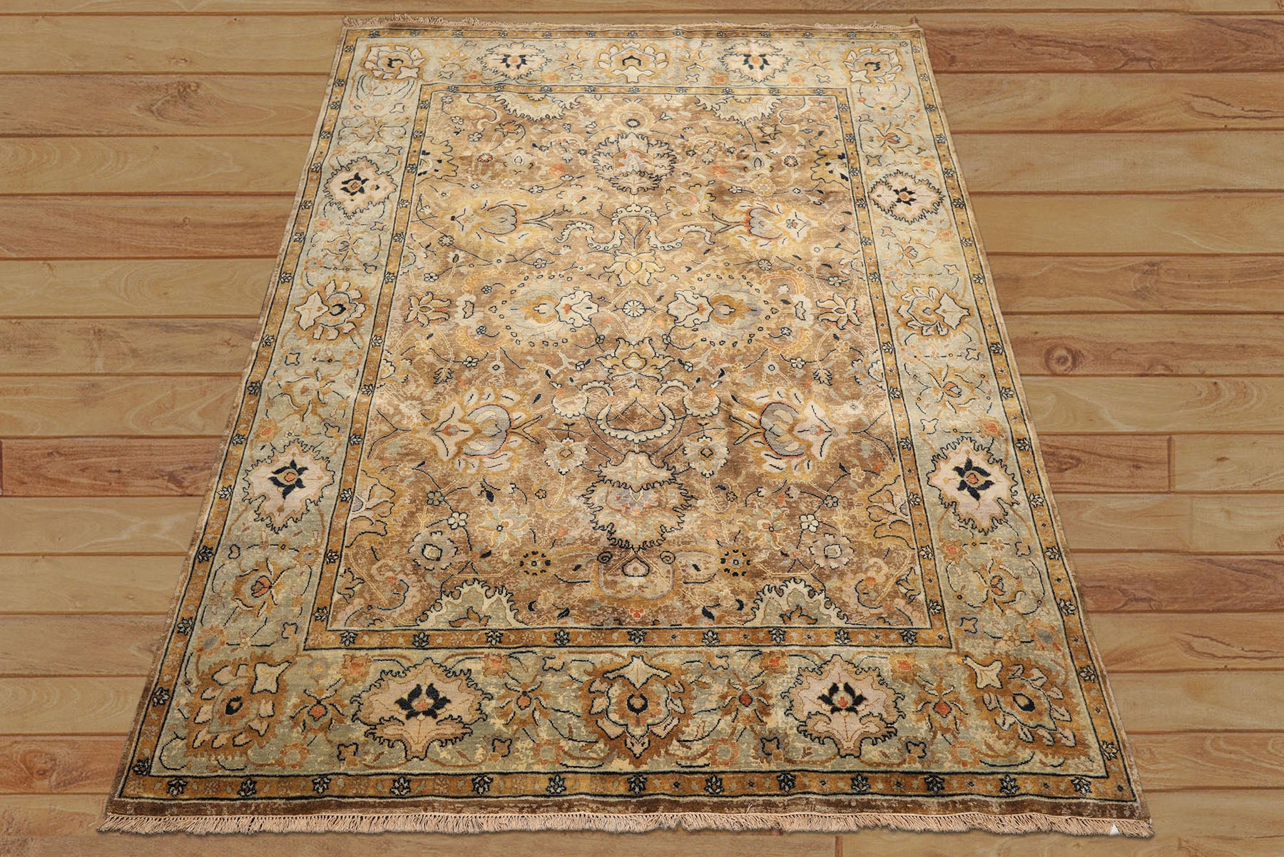 8x10 Mocha, Mint, Navy Color Hand Knotted Agra Wool Transitional Oriental Rug