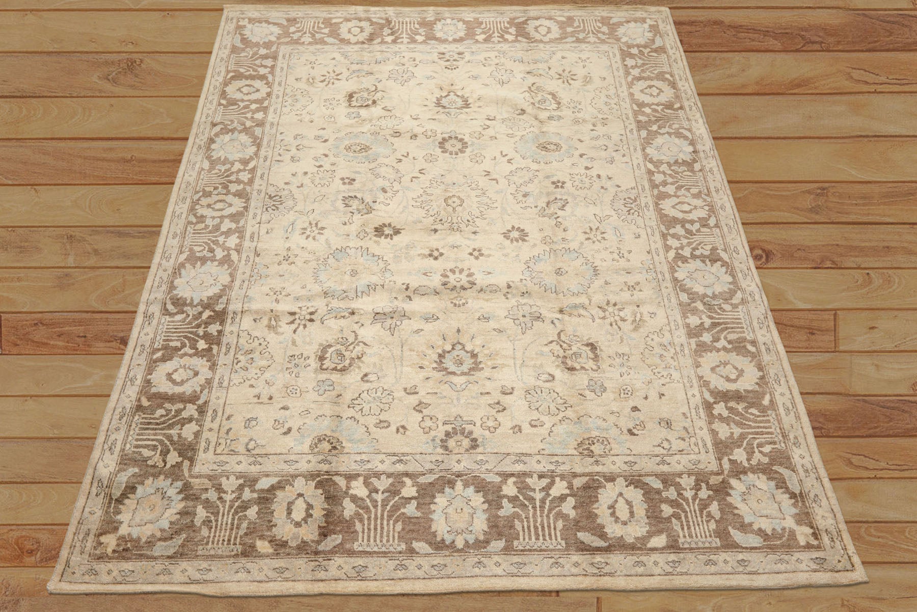 8x10 Beige, Mocha, Aqua Color Hand Knotted Oushak Wool Traditional Oriental Rug