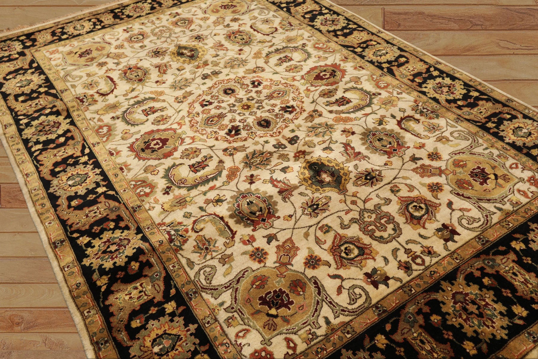 6x9 Ivory, Gold, Sage Color Hand Knotted Agra New Zealand Wool Traditional Oriental Rug