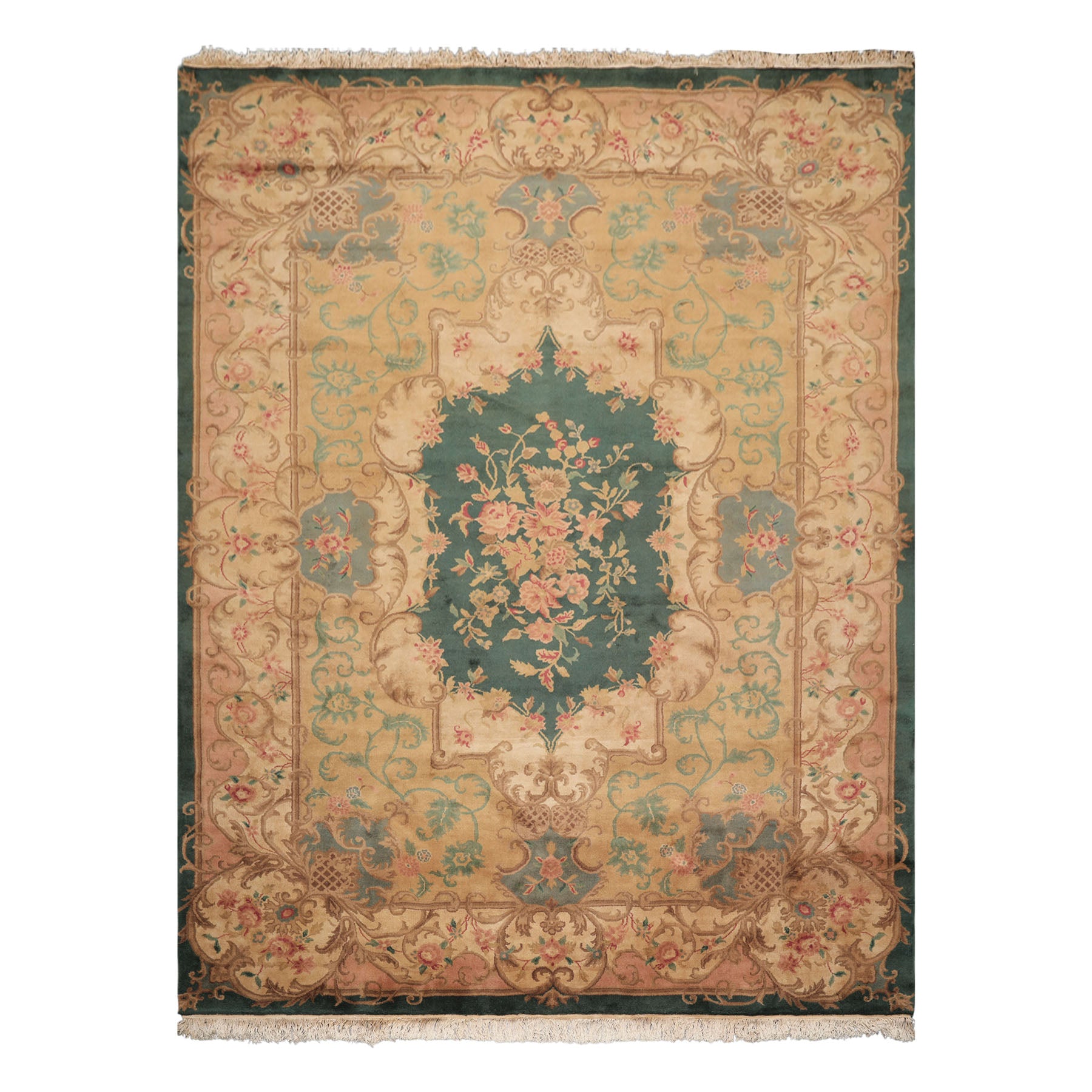 9x12 Emerald, Tan, Rose Color Hand Knotted French Aubusson Savonnerie Wool Traditional Oriental Rug