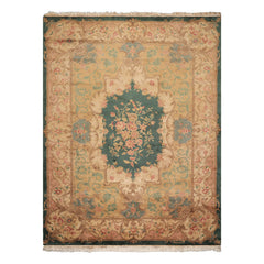 9x12 Emerald, Tan, Rose Color Hand Knotted French Aubusson Savonnerie Wool Traditional Oriental Rug