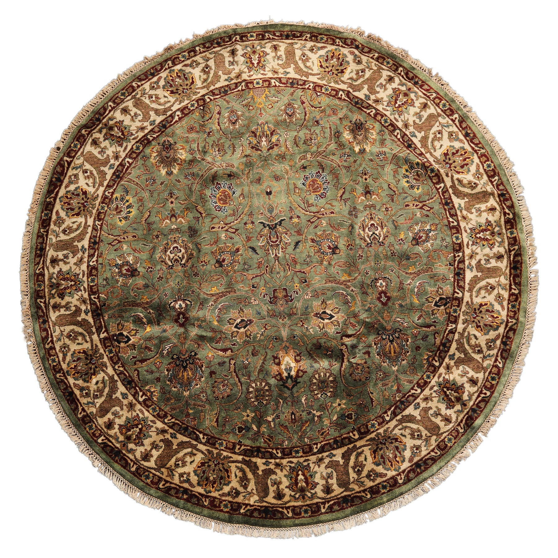 8 Round Sage, Beige, Maroon Color Hand Knotted Agra New Zealand Wool & Silk Traditional Oriental Rug