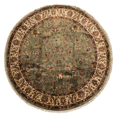 8 Round Sage, Beige, Maroon Color Hand Knotted Agra New Zealand Wool & Silk Traditional Oriental Rug