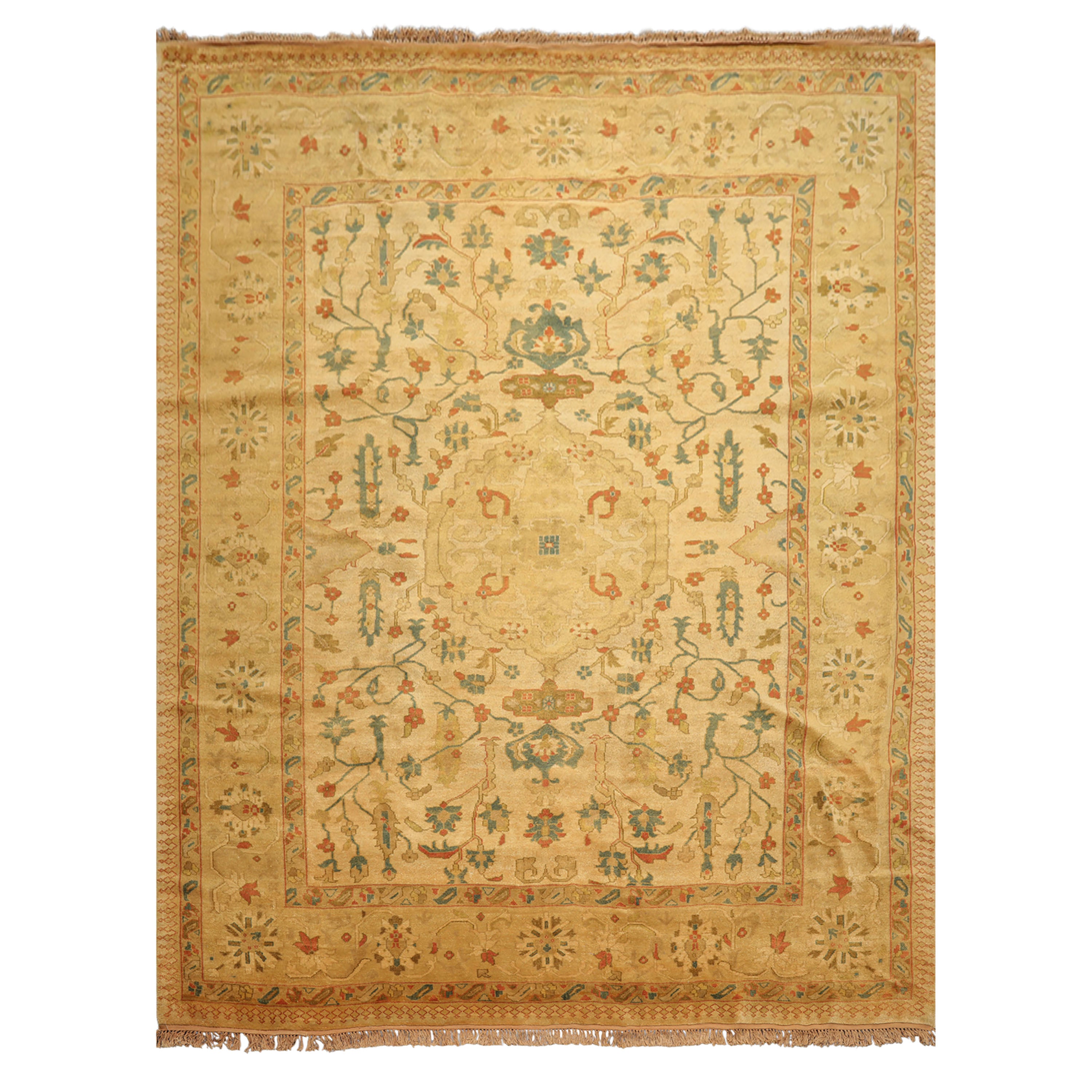 9x12 Gold, Aqua, Burnt Orange Color Hand Knotted Oushak Wool Traditional Oriental Rug