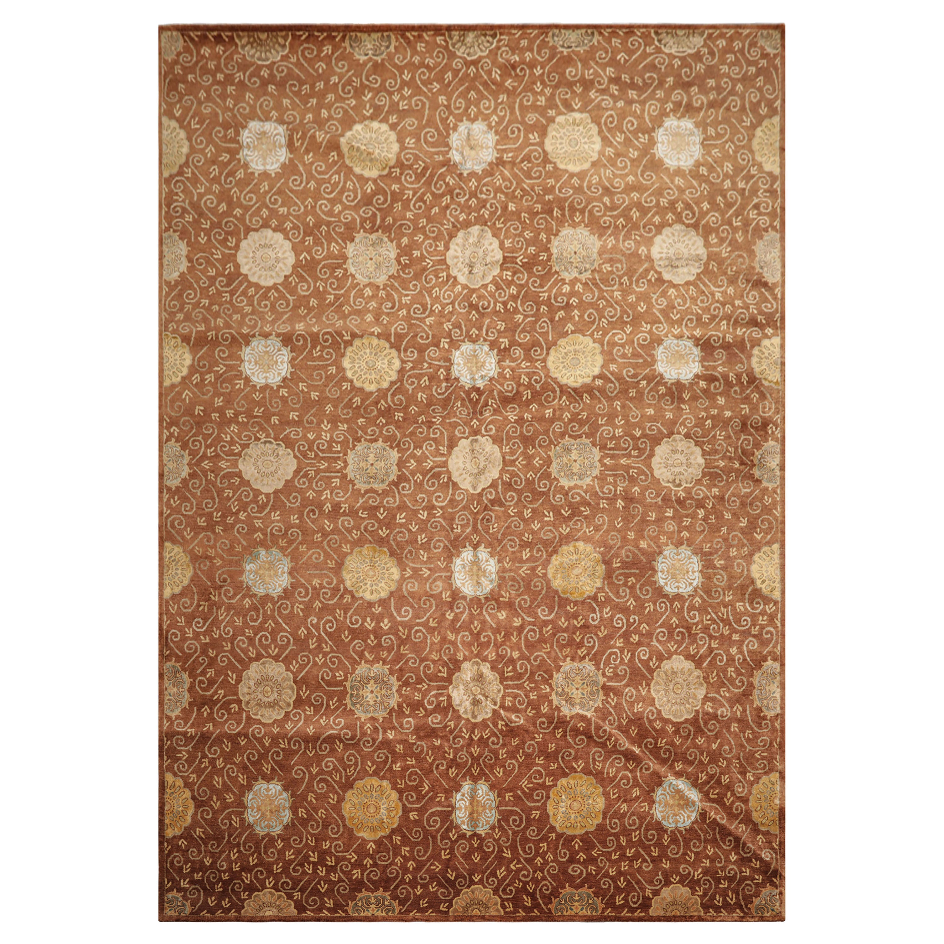 10x14 Mocha, Gold, Beige Color Hand Knotted Tibetan Wool & Bamboo Silk Transitional Oriental Rug