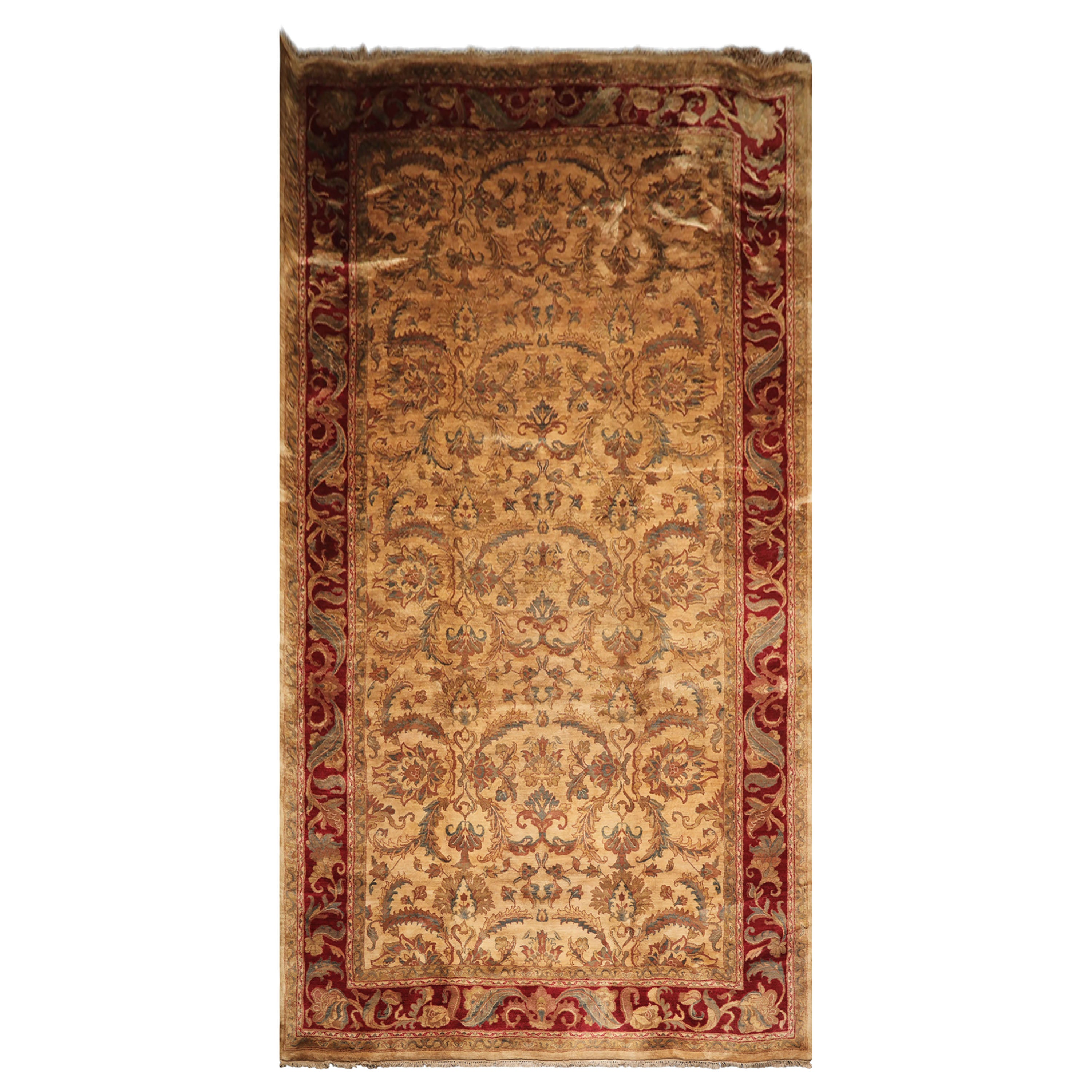 9x18 Beige, Tan, Burgundy Color Hand Knotted Agra Wool Traditional Oriental Rug