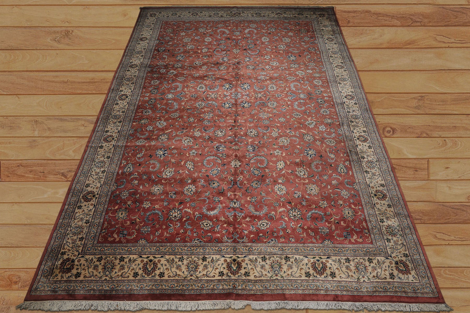 12x18 Rose, Ivory, Blue Color Hand Knotted Kashan wool Traditional Oriental Rug
