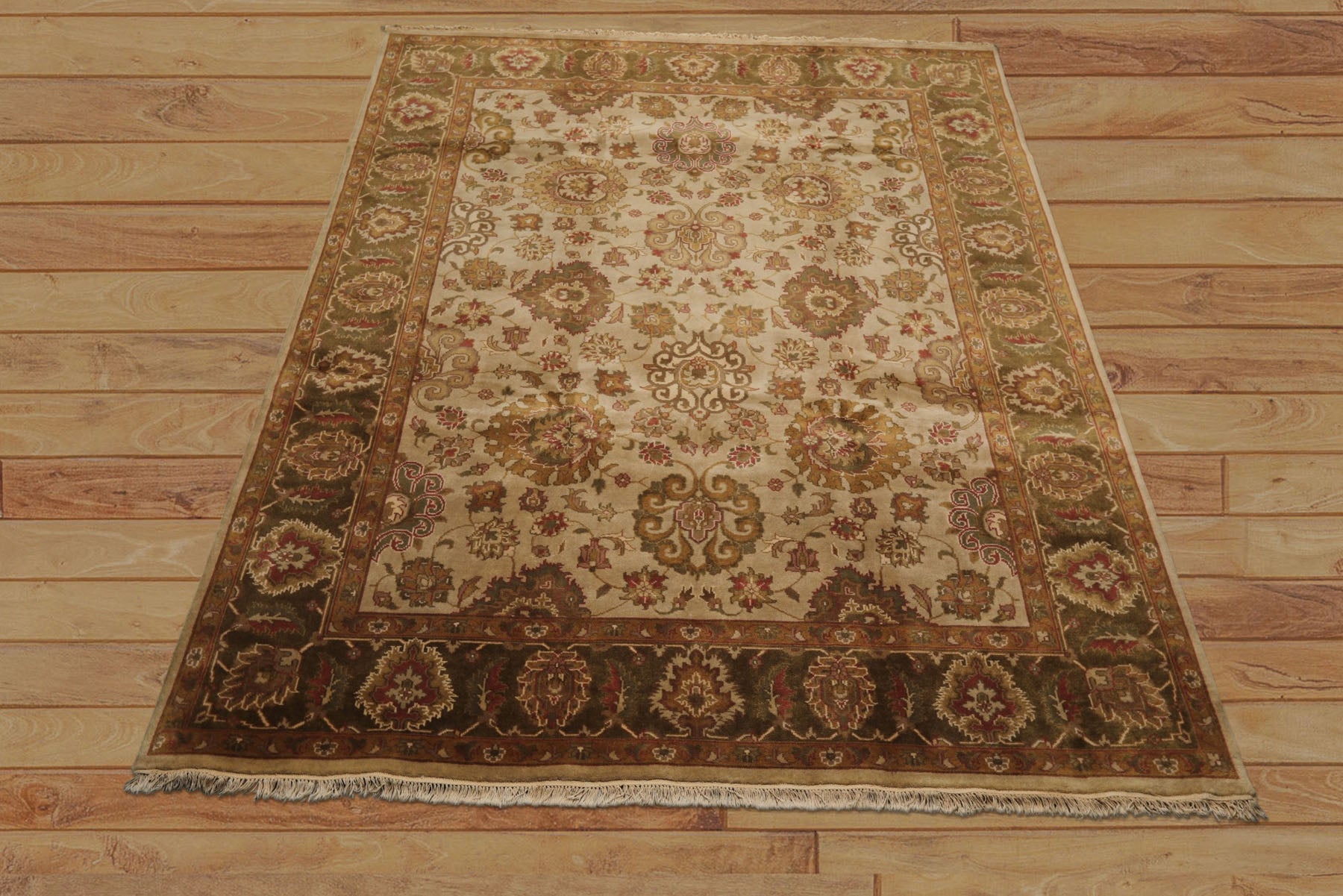 8x10 Beige, Green, Rose Color Hand Knotted Agra Wool Traditional Oriental Rug