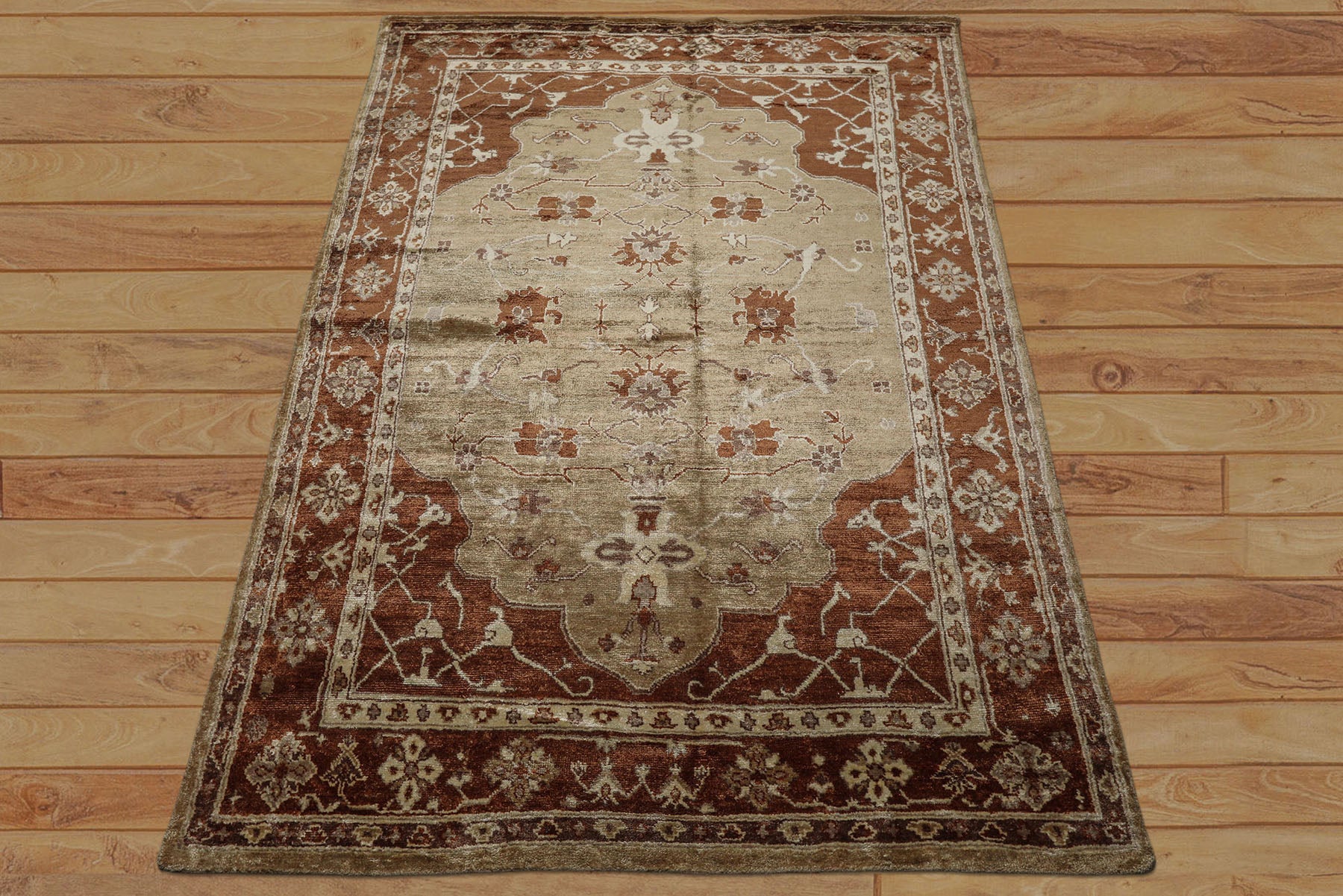 6x9 Tan, Burnt Orange, Beige Color Hand Knotted Oushak Bamboo Silk Traditional Oriental Rug