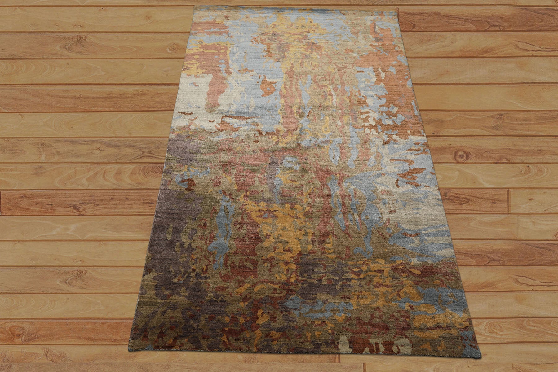6x9 Blue, Gold, Rust Color Hand Loomed Sherpa Wool & Bamboo Silk Modern Oriental Rug