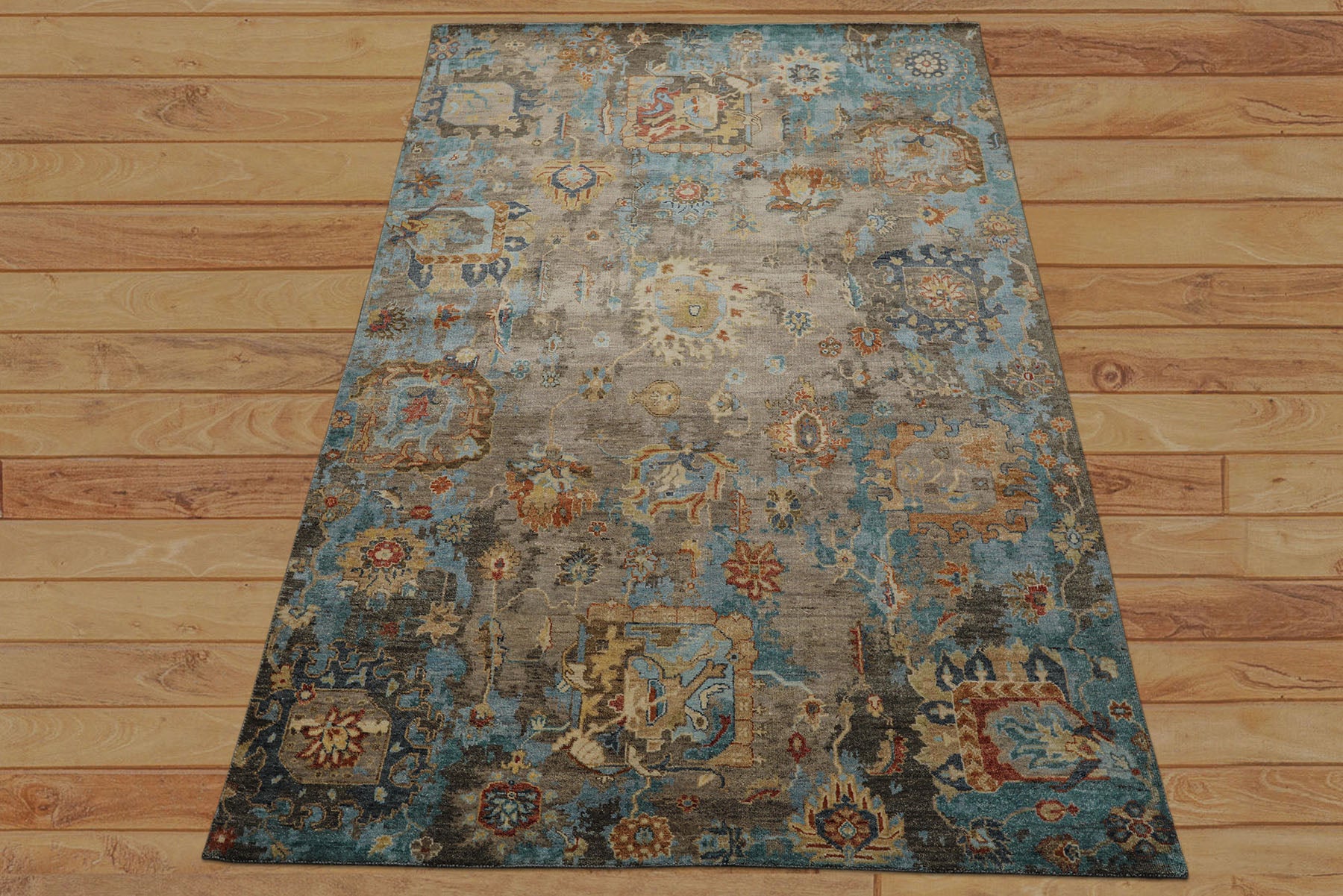 6x9 Brown, Turquoise, Beige Color Hand Knotted Oushak Wool Transitional Oriental Rug