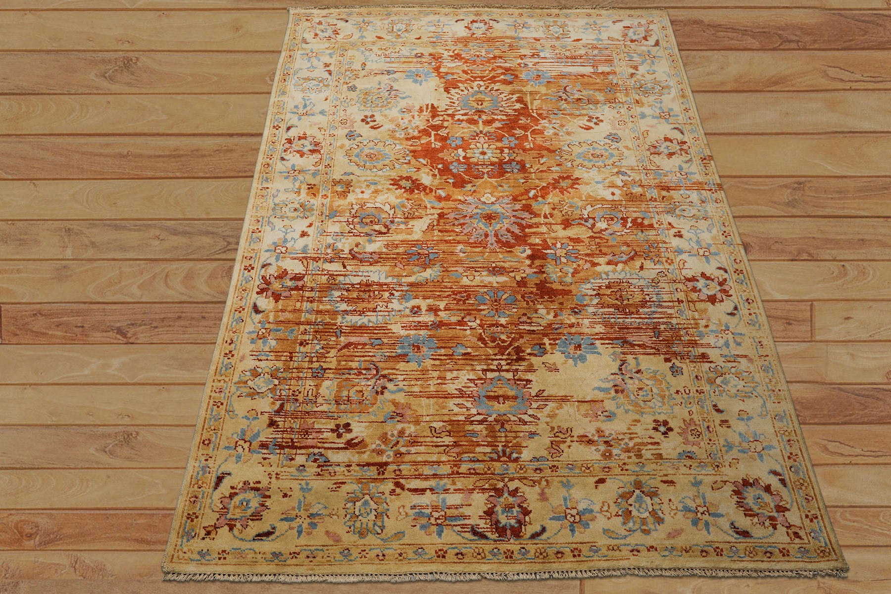 6x9 Burnt Orange, Light Gold, Aqua Color Hand Knotted Oushak Wool Traditional Oriental Rug