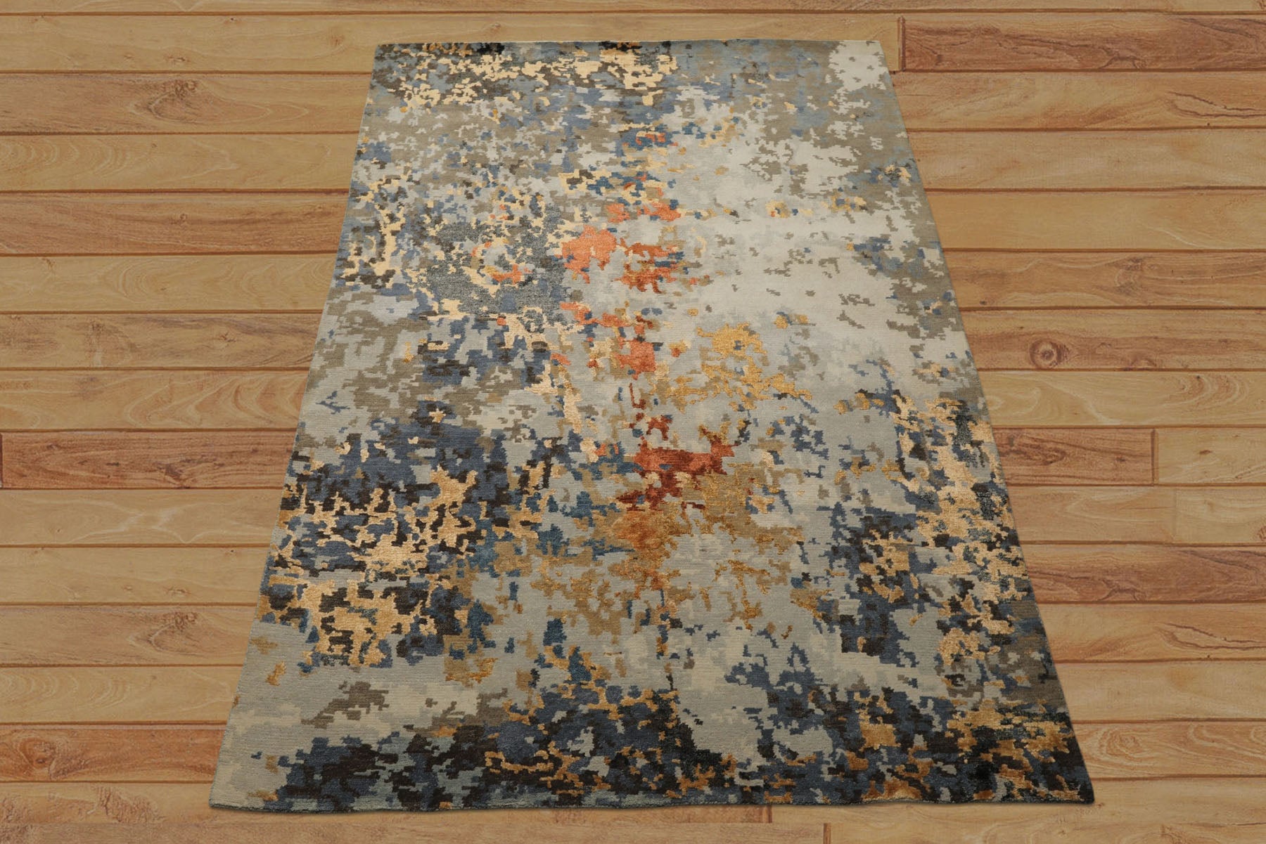 6x9 Gray, Gold, Blue Color Hand Knotted Sherpa Bamboo Silk & Wool Modern Oriental Rug