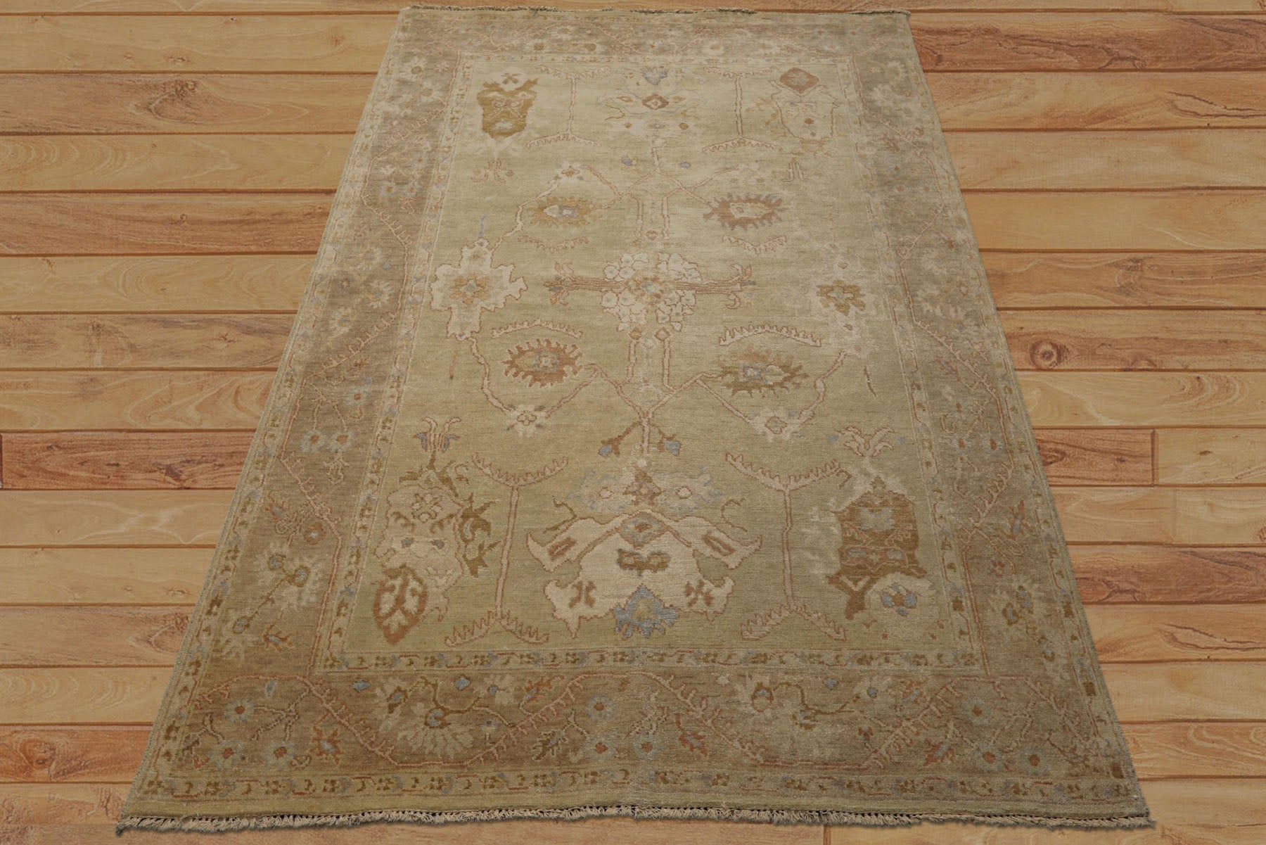 6x9 Beige, Brown, Slate Color Hand Knotted Oushak Wool Traditional Oriental Rug