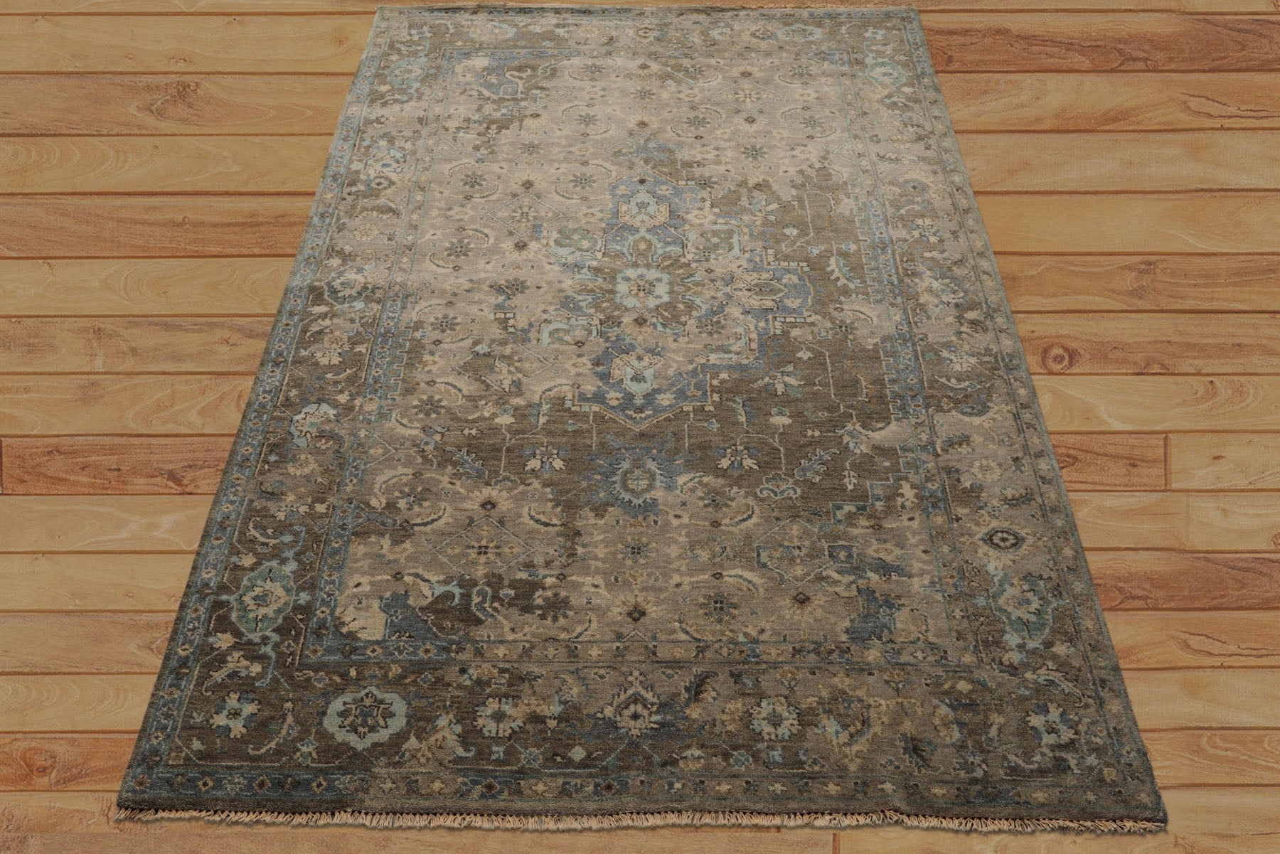 6x9 Brown, Beige, Teal Color Hand Knotted Oushak Wool Traditional Oriental Rug