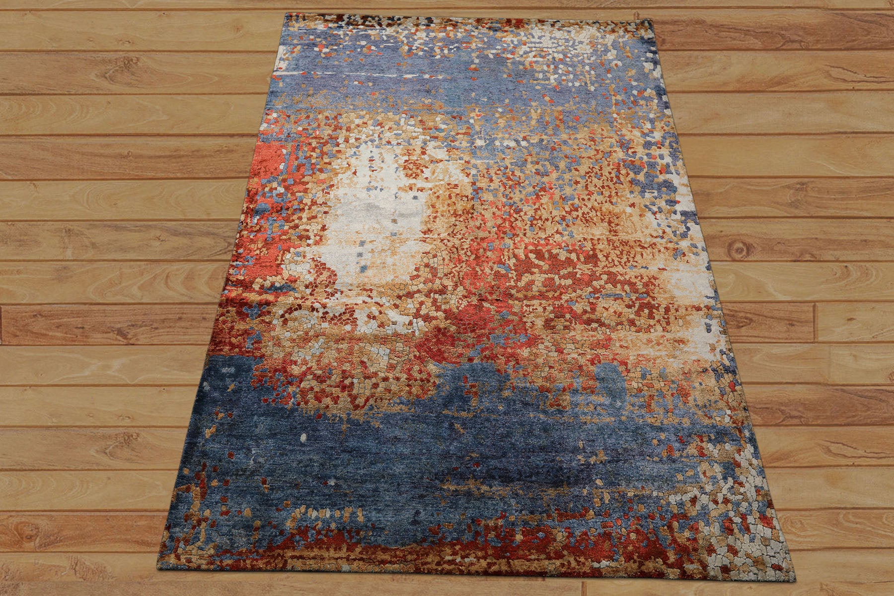 6x9 Blue, Coral, Tan Color Hand Loomed Sherpa Wool & Bamboo Silk Modern Oriental Rug
