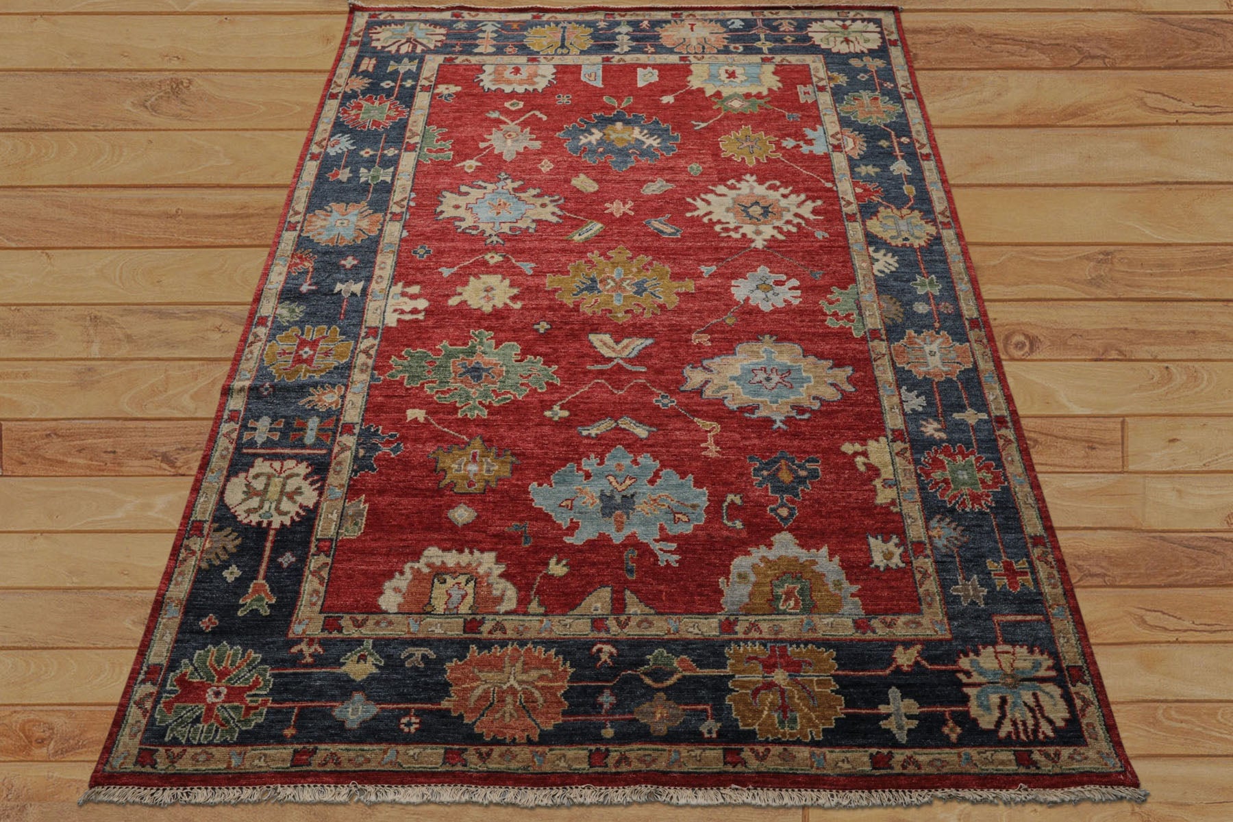 6x9 Red, Navy, Gold Color Hand Knotted Oushak Wool Traditional Oriental Rug