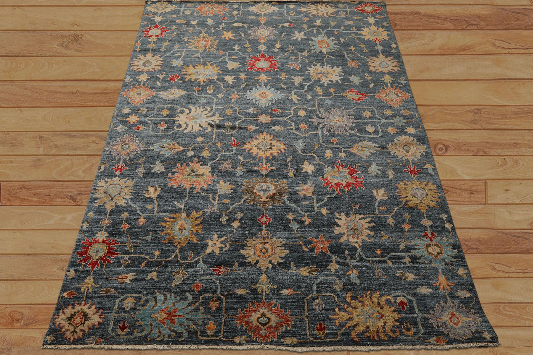7x9 Navy, Gold, Coral Color Hand Knotted Oushak Wool Transitional Oriental Rug