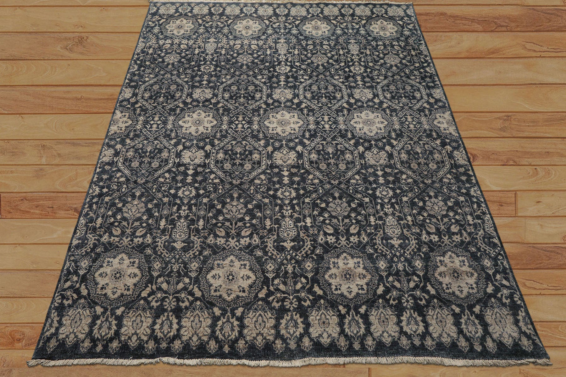 6x9 Navy, Gray, Aqua Color Hand Knotted Agra Wool Transitional Oriental Rug