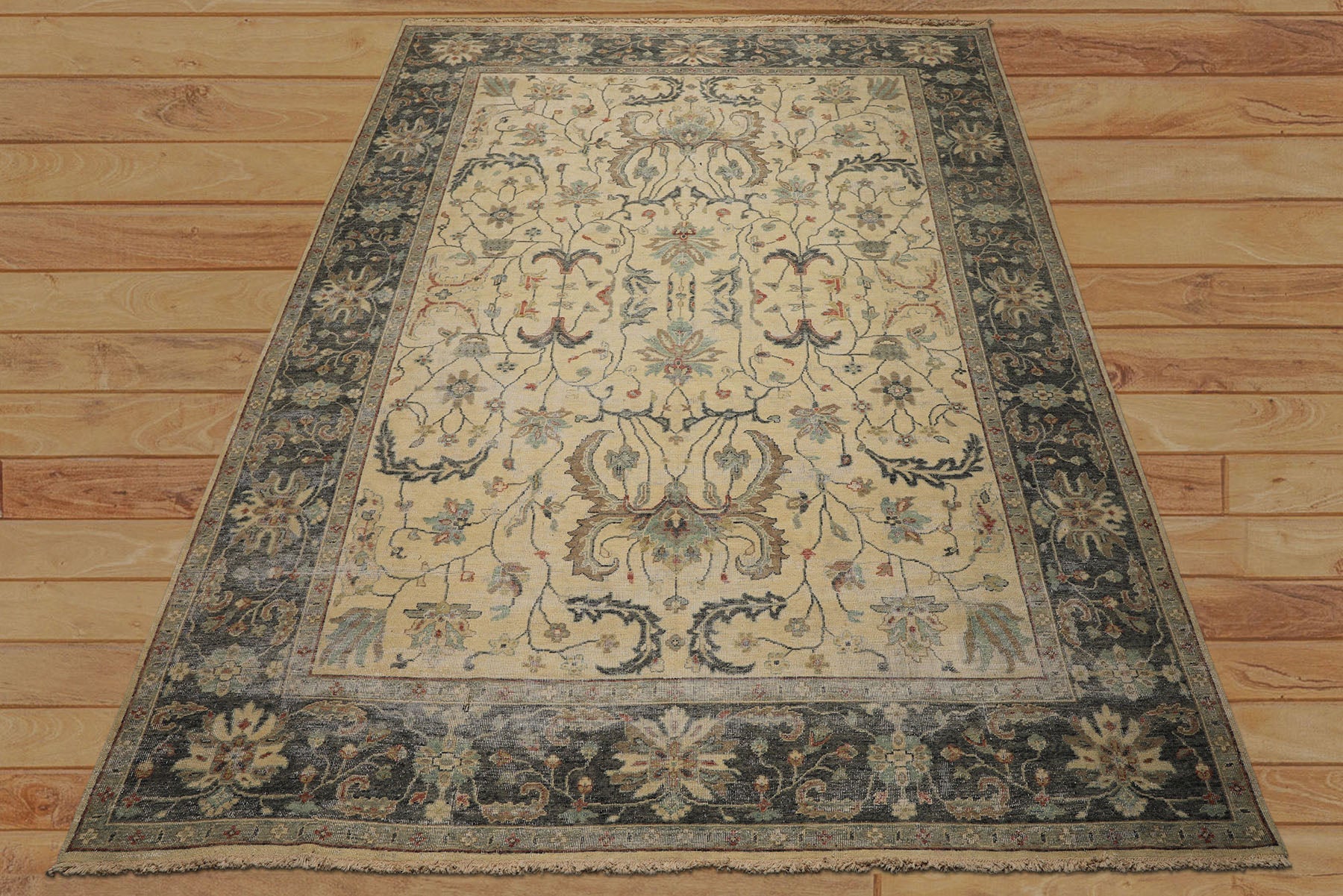 9x12 Beige, Gray, Aqua Color Hand Knotted  Wool Transitional Oriental Rug
