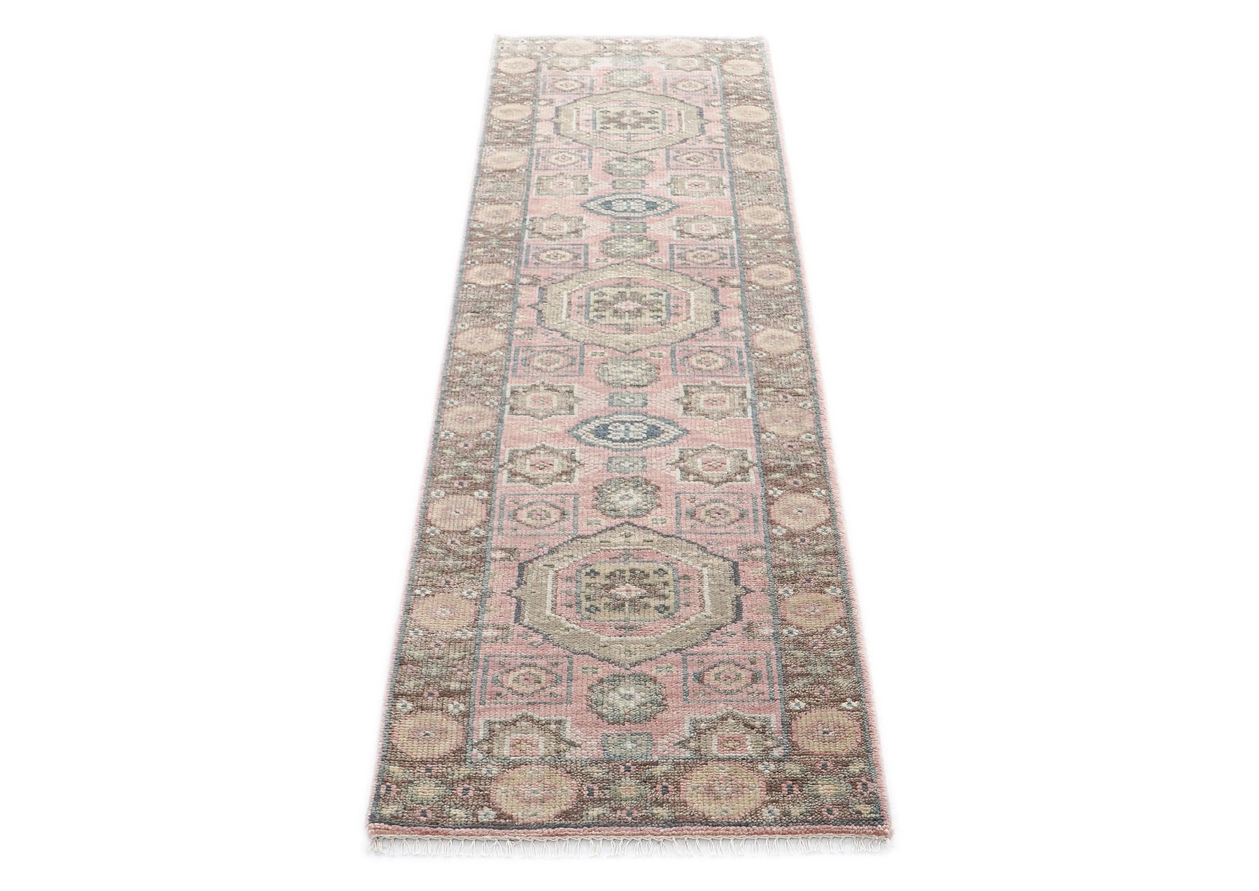 Runner Blush, Gray, Ivory Color Hand Knotted Oushak Wool Transitional Oriental Rug