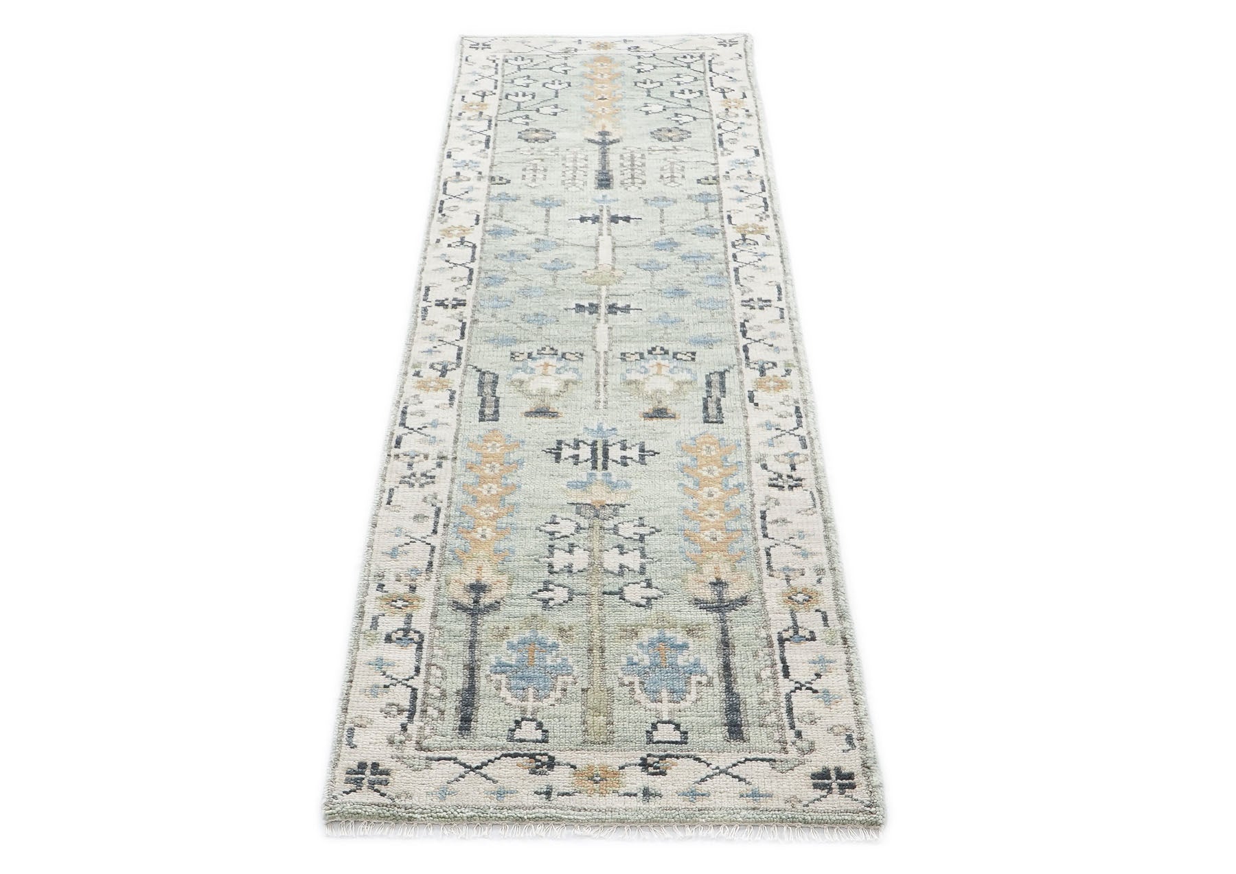 Runner Gray, Beige, Blue Color Hand Knotted Oushak Wool Transitional Oriental Rug