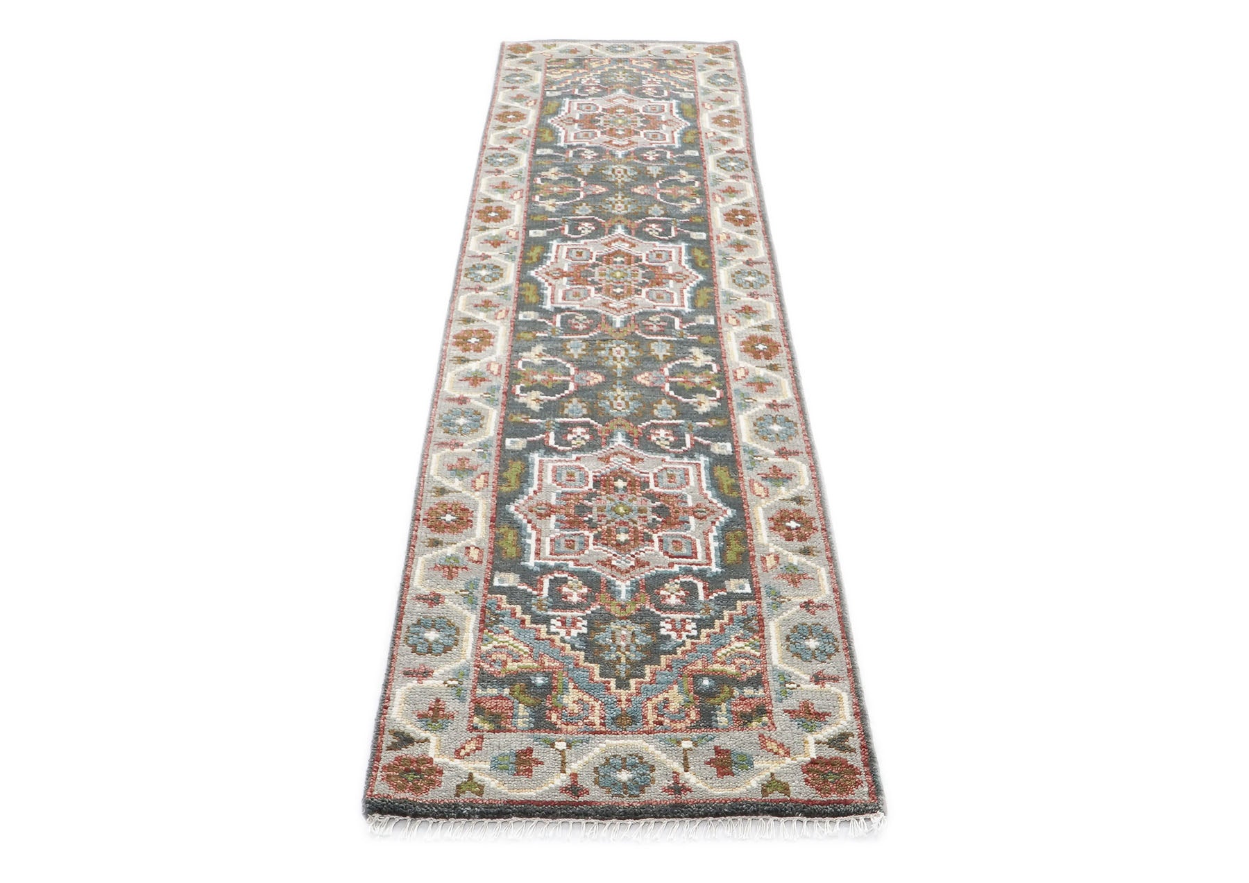 Runner Gray, Slate, Ivory Color Hand Knotted Oushak Wool Transitional Oriental Rug