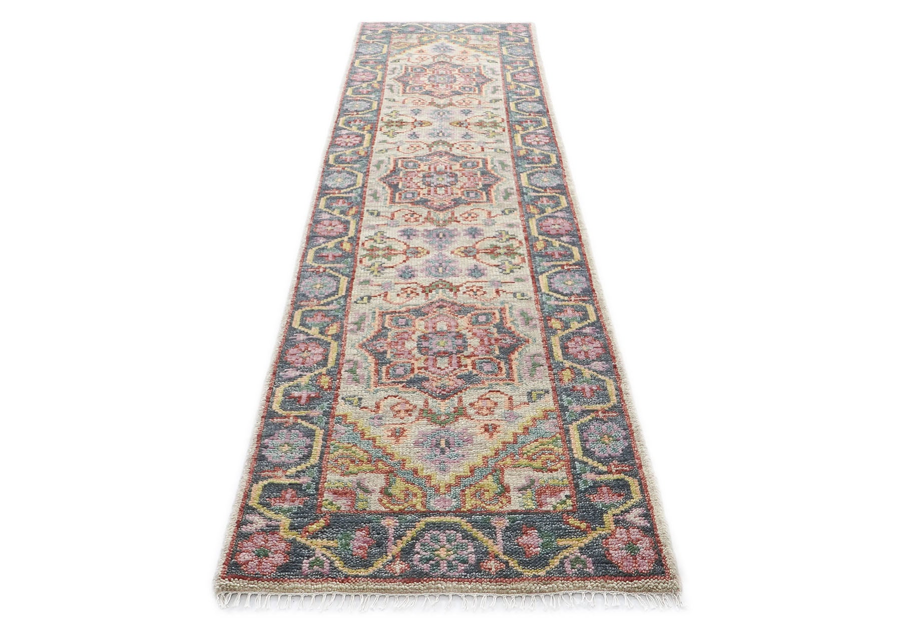 Runner Beige, Slate, Gold Color Hand Knotted Oushak Wool Traditional Oriental Rug
