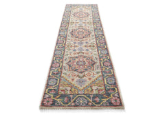 Runner Beige, Slate, Gold Color Hand Knotted Oushak Wool Traditional Oriental Rug