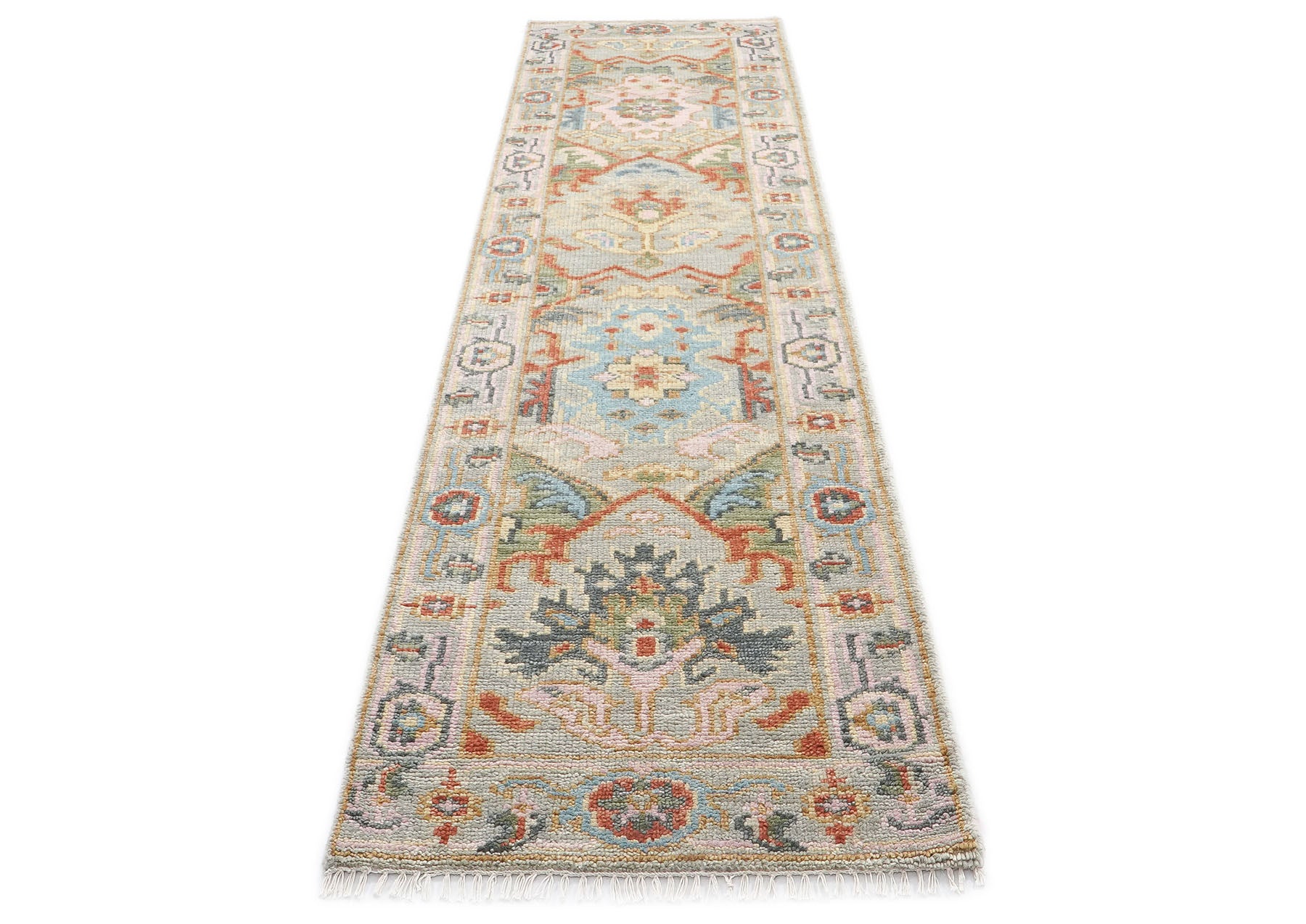Runner Gray, Blush, Aqua Color Hand Knotted Oushak Wool Traditional Oriental Rug