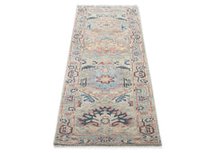 Runner Gray, Blush, Blue Color Hand Knotted Oushak Wool Arts & Crafts Oriental Rug