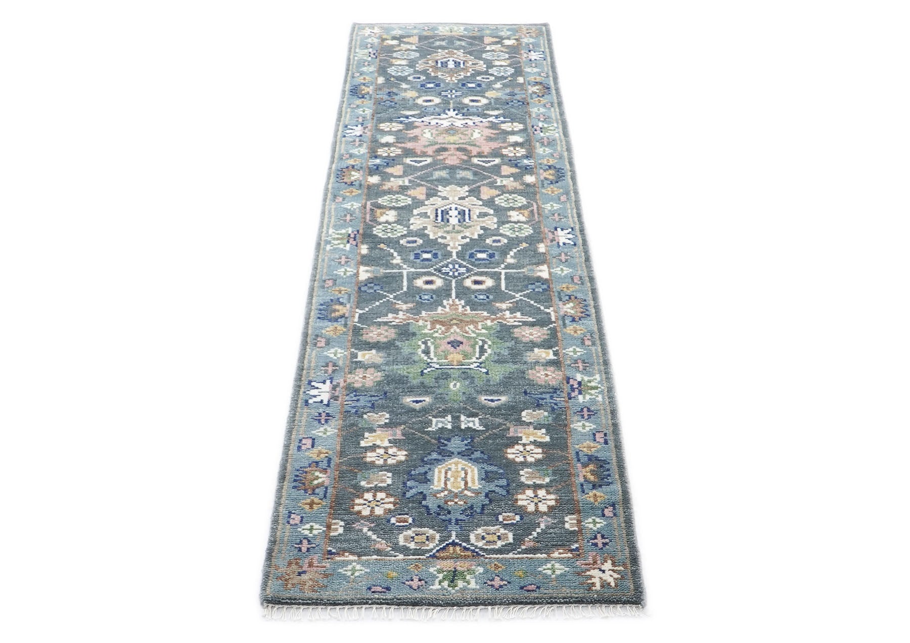 Runner Gray, Slate, Blue Color Hand Knotted Oushak Wool Arts & Crafts Oriental Rug