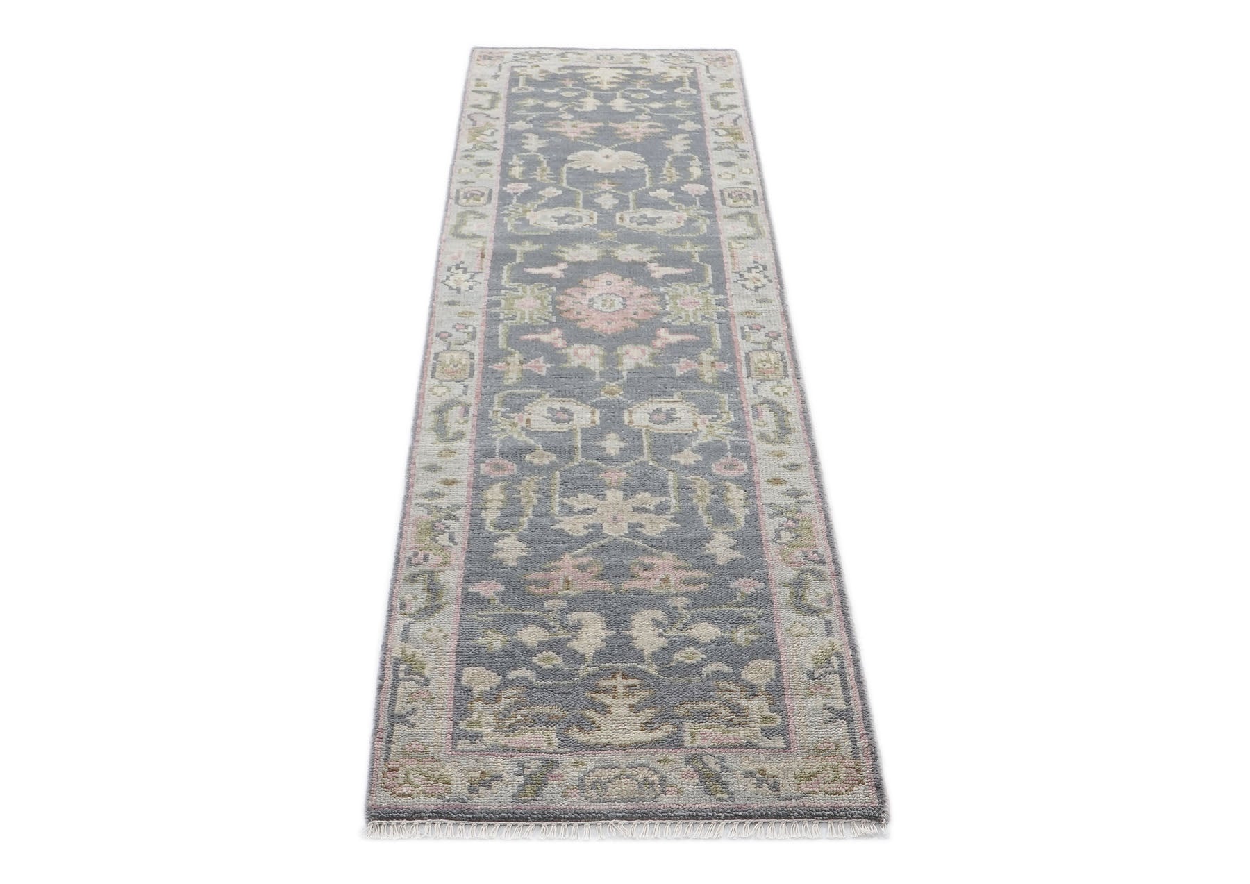 Runner Slate, Gray, Sage Color Hand Knotted Oushak Wool Transitional Oriental Rug