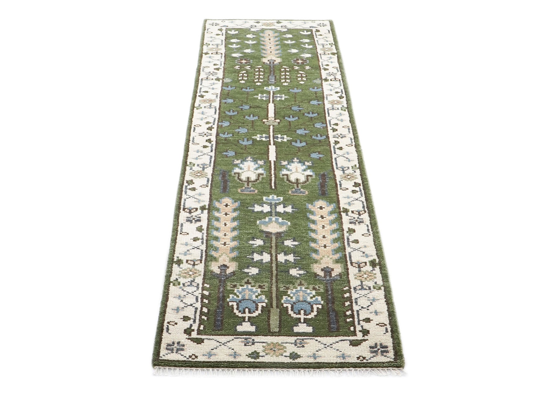 Runner Green, Ivory, Blue Color Hand Knotted Oushak Wool Transitional Oriental Rug