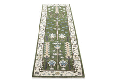 Runner Green, Ivory, Blue Color Hand Knotted Oushak Wool Transitional Oriental Rug